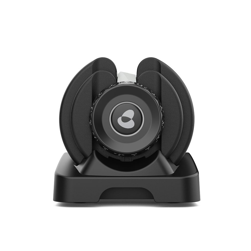 Vue latérale d'une haltère réglable sur un socle noir. La molette de réglage du poids est visible.