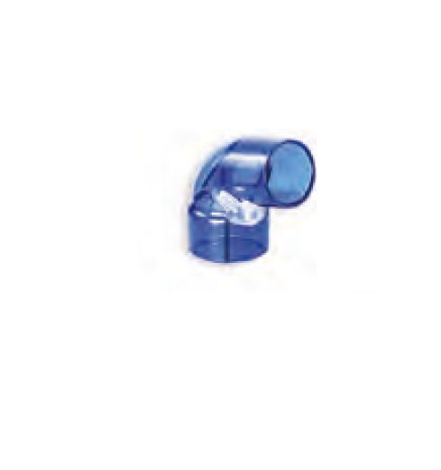 Connecteur coudé bleu en plastique à 90 degrés avec un clip blanc.
