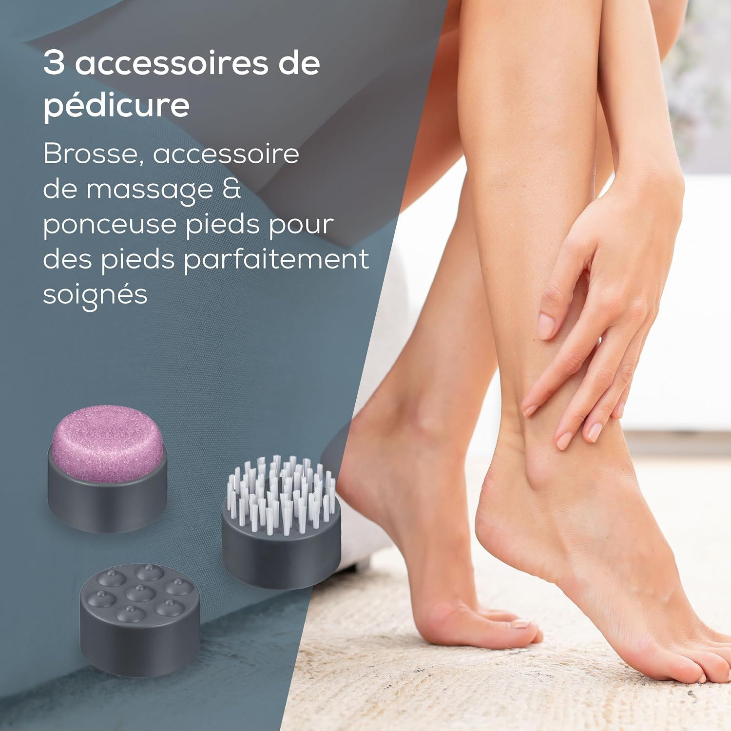 Trois accessoires pédicure Beurer : brosse, massage, râpe.