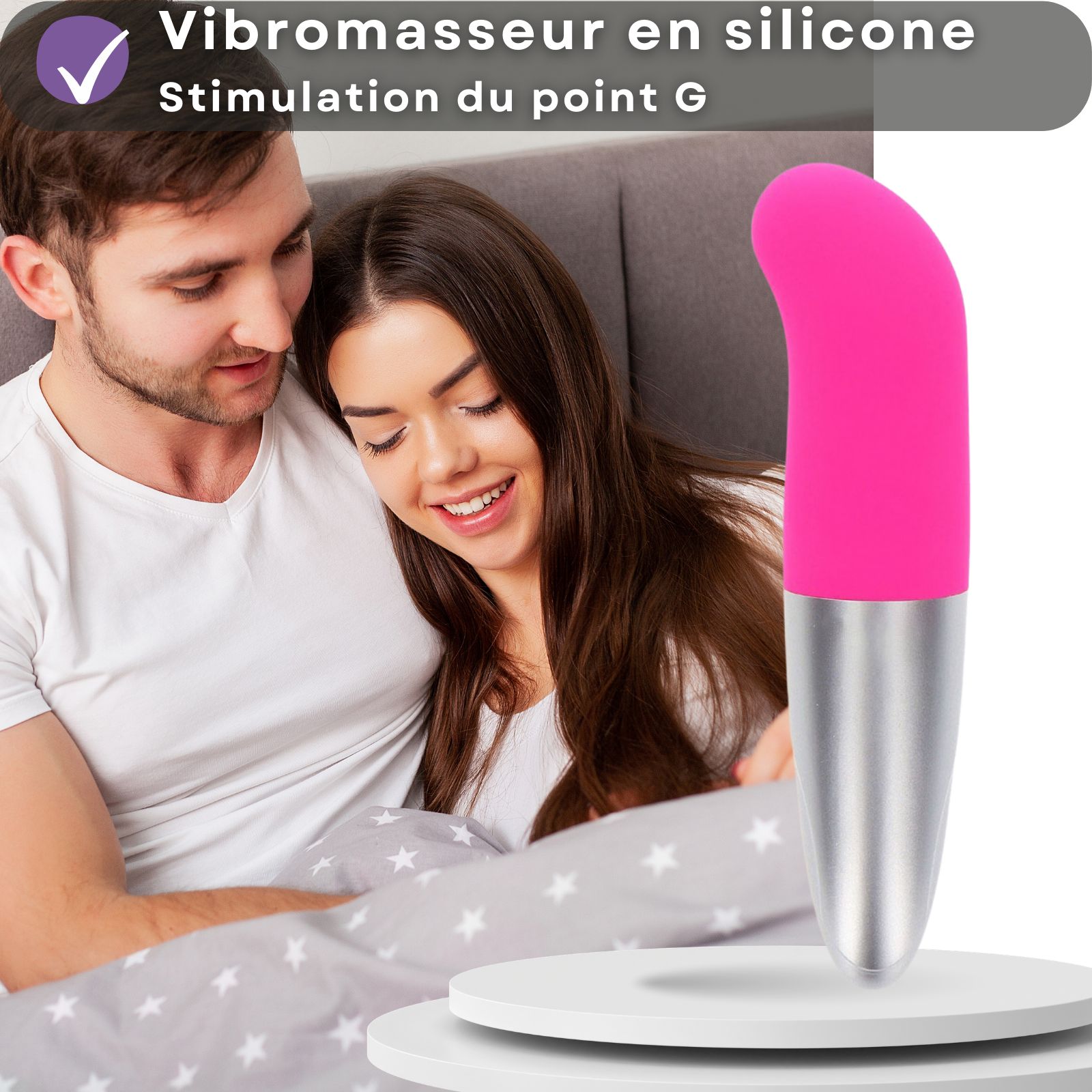 Vibrateur rose et argenté. Stimulation du point G. Silicone.