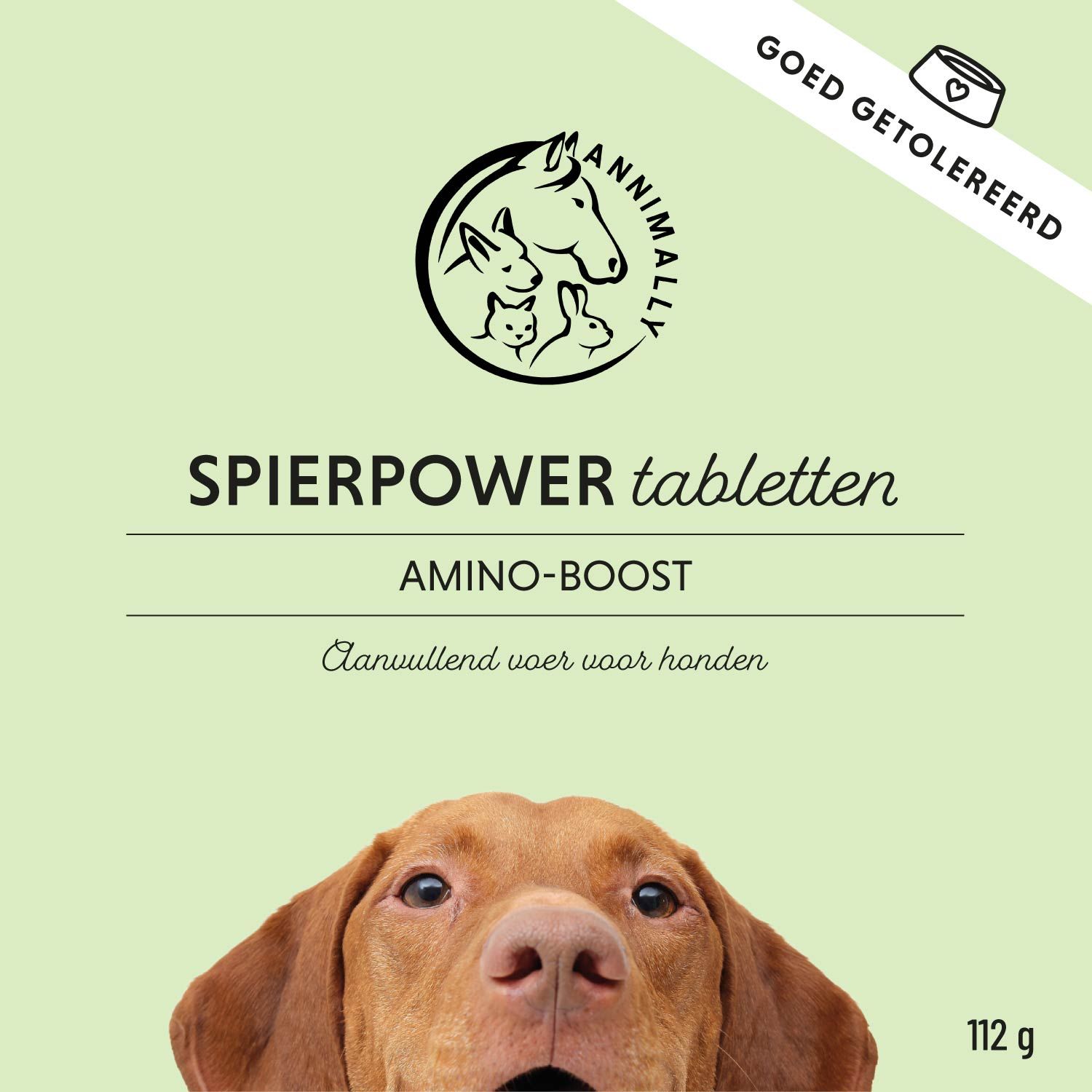 Productverpakking met hond. Opschrift: Spierpower tabletten, Amino-Boost. Goed getolereerd.