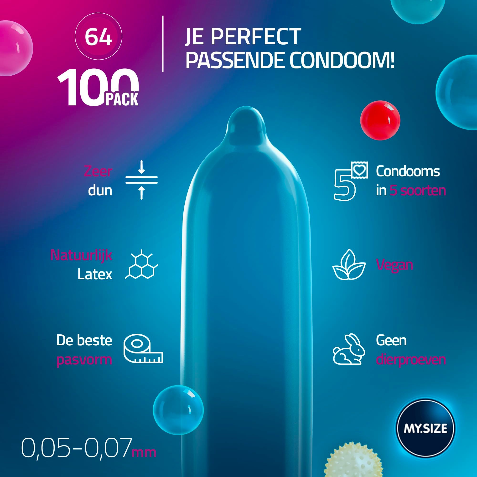Blauwe condoomverpakking met 100 stuks, 64 stuks. Dun, latex, vegan, zonder dierlijke proteïnen. Dikte 0,05-0,07mm.