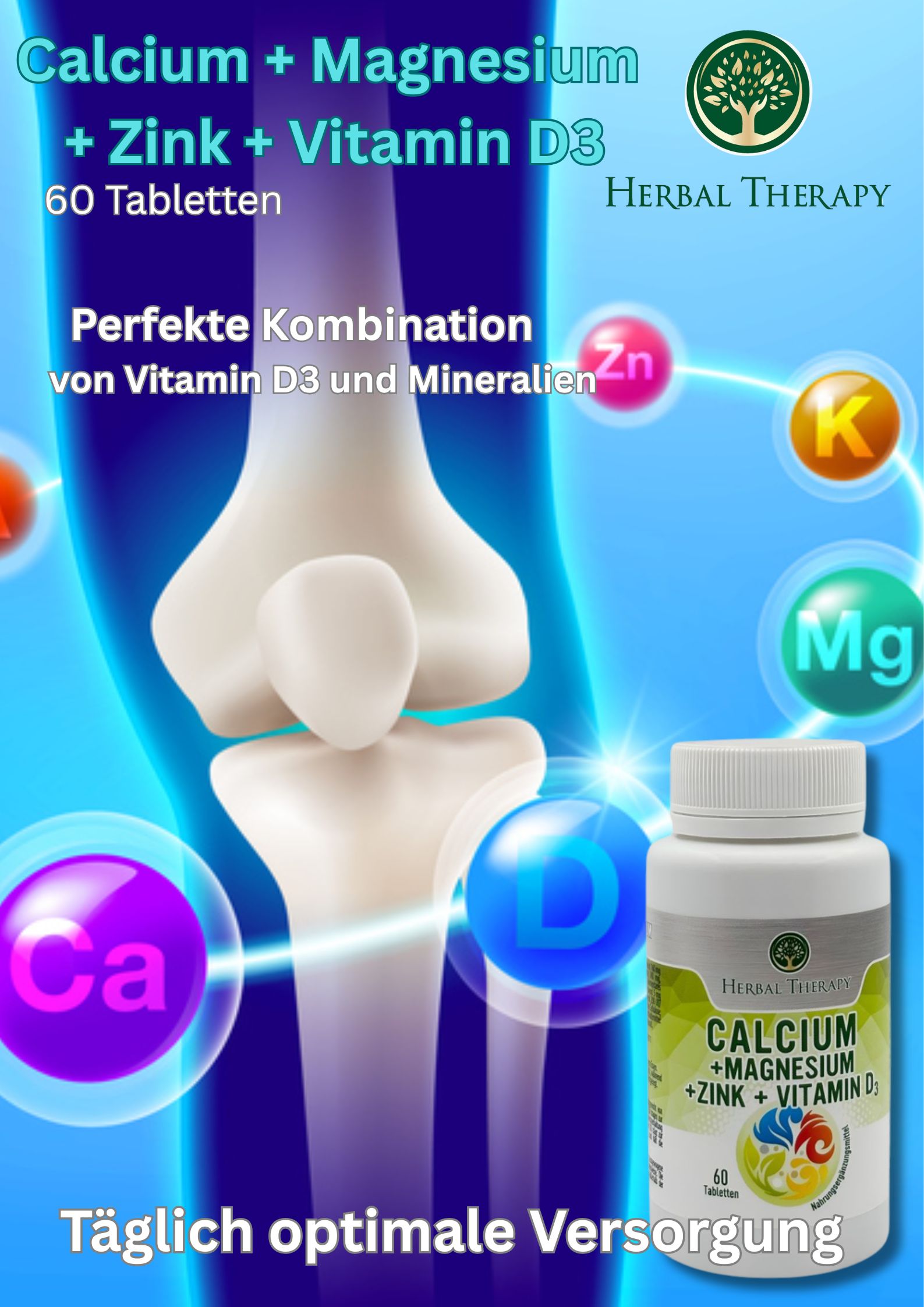 Image publicitaire. Modèle osseux avec flacon. Inscription: Calcium + Magnésium + Zinc + Vitamine D3. Logo: arbre dans un cercle. Texte: Soins quotidiens optimaux.