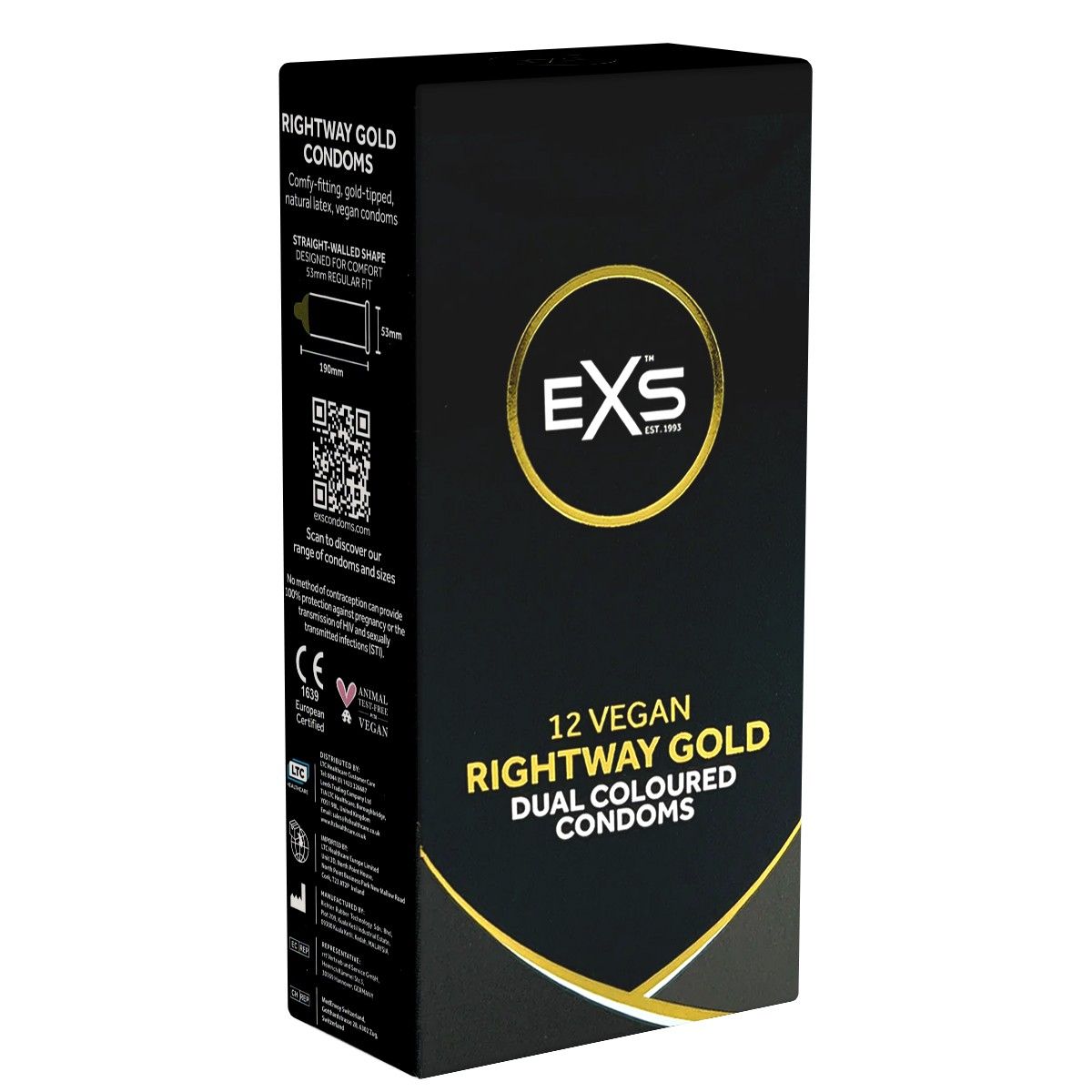 Boîte noire avec logo doré et texte. Contient 12 préservatifs végétaliens. Marque : EXS Rightway Gold. Avec marquage CE.