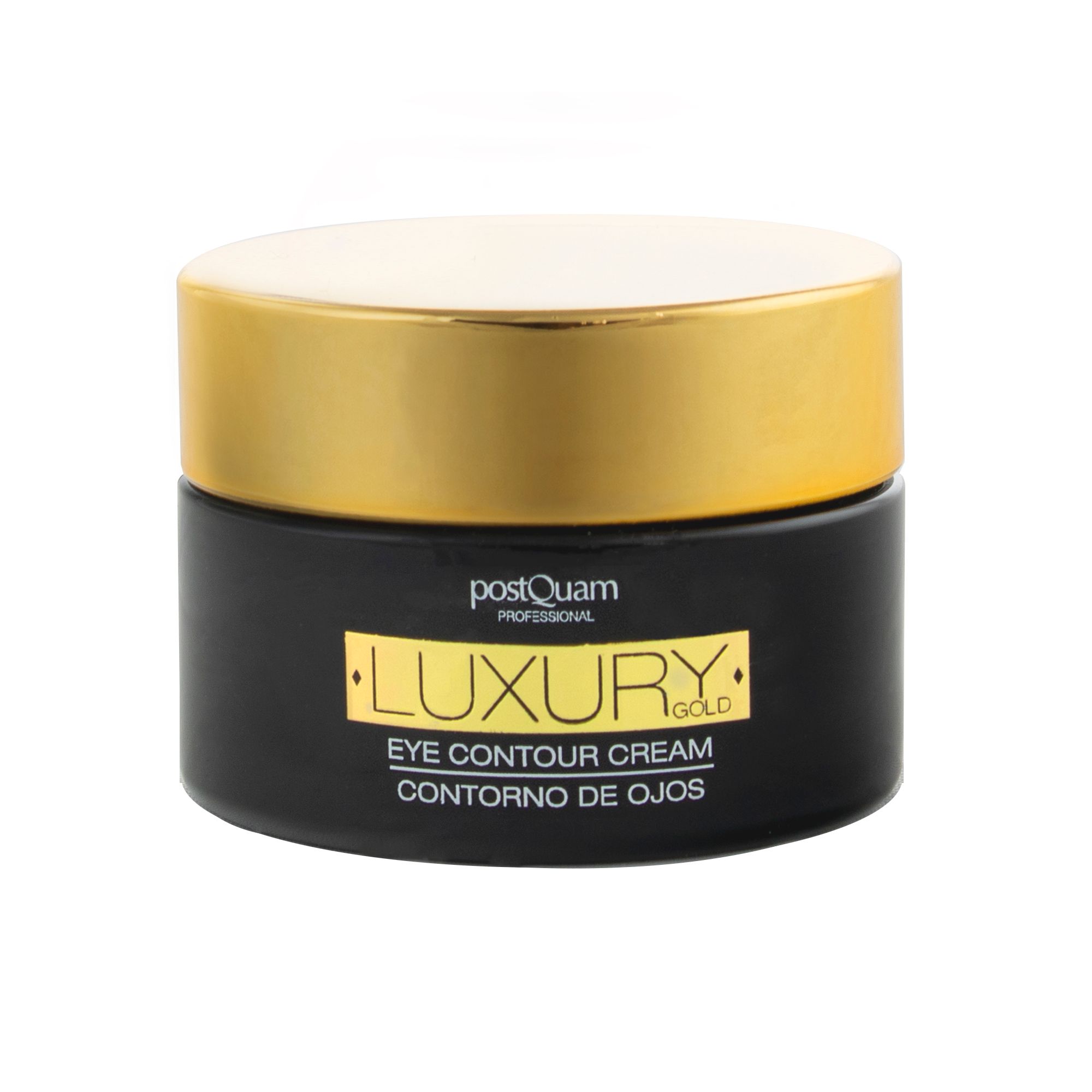 Pot noir avec couvercle doré. Inscription: LUXURY GOLD EYE CONTOUR CREAM. Marque: postQuam.