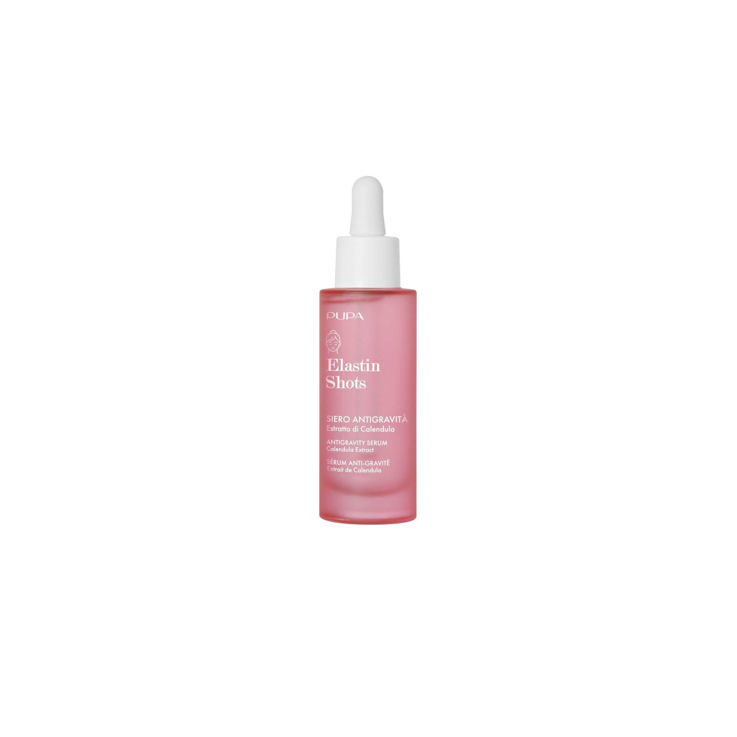 Pupa Elastin Shots flesje met pipet, roze vloeistof.