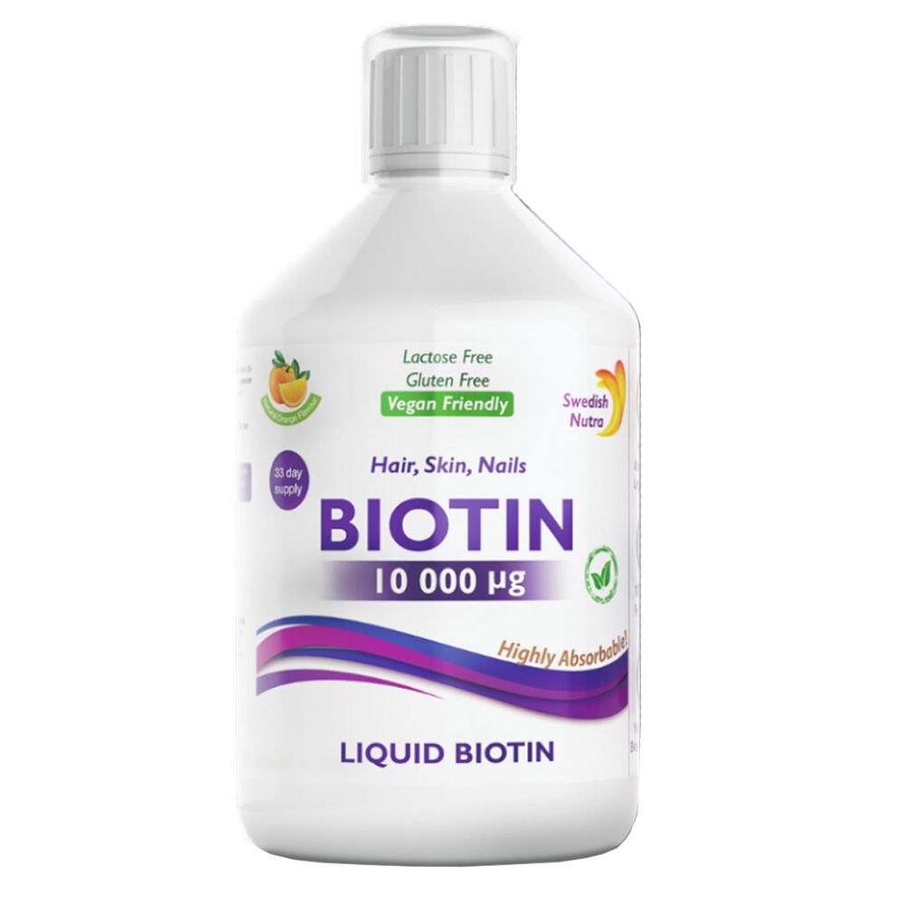 Witte fles Swedish Nutra® Biotine. Opschrift: Biotine 10000 µg, vloeibaar. Voor haar, huid, nagels. Veganistisch, lactose- en glutenvrij.
