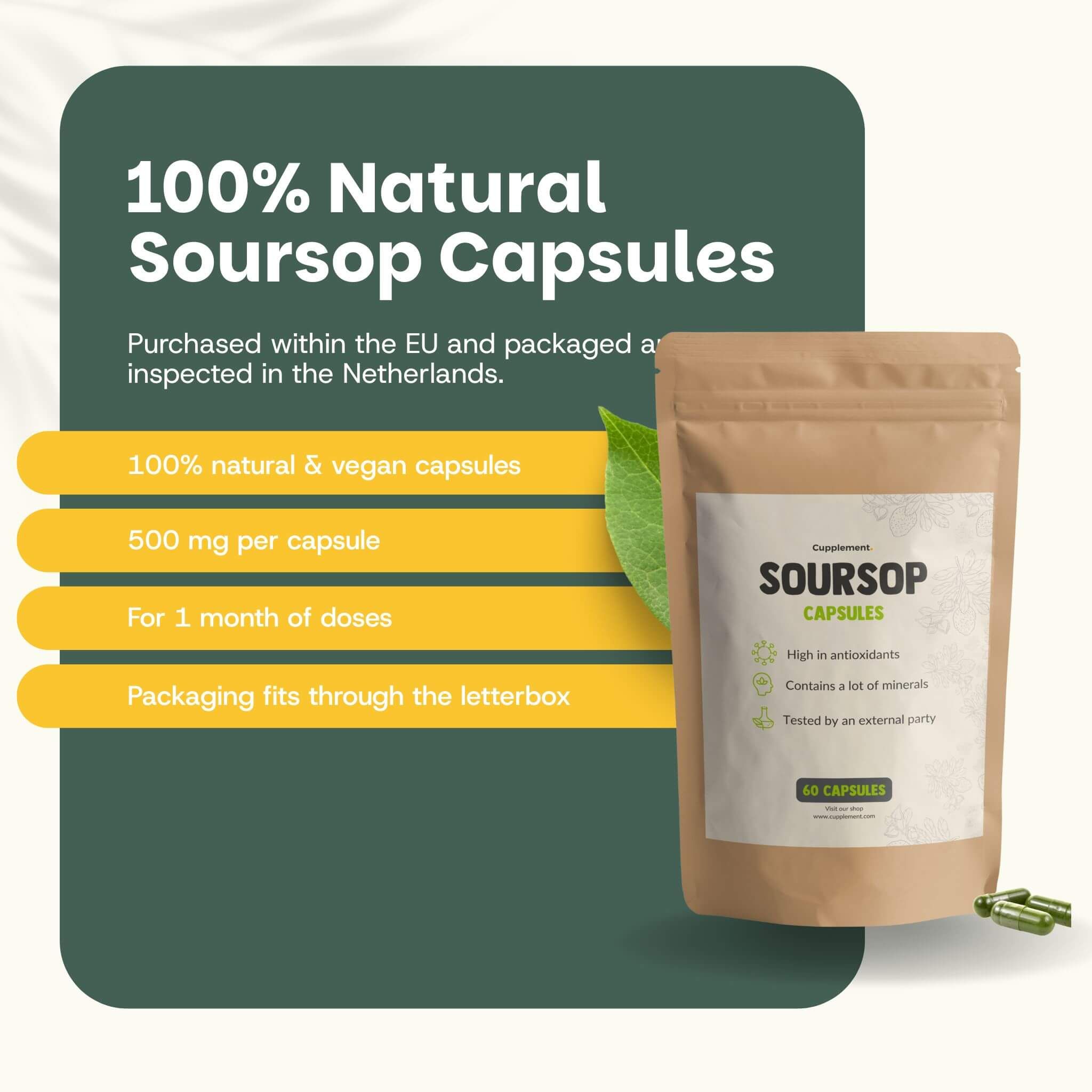 Sachet marron avec étiquette blanche. Texte: Soursop Capsules, 60 gélules. 500 mg par gélule. Pour 1 mois de doses.