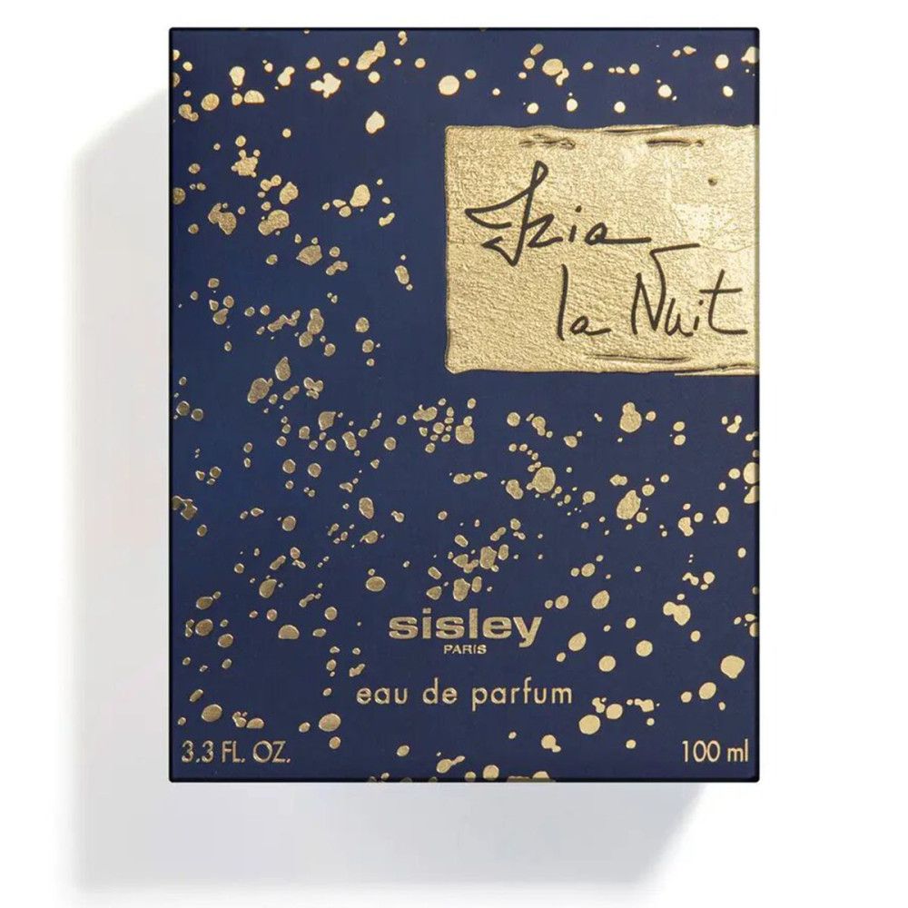 Boîte bleu foncé avec éclaboussures dorées. Inscription dorée Izia la Nuit. Sisley Eau de Parfum.