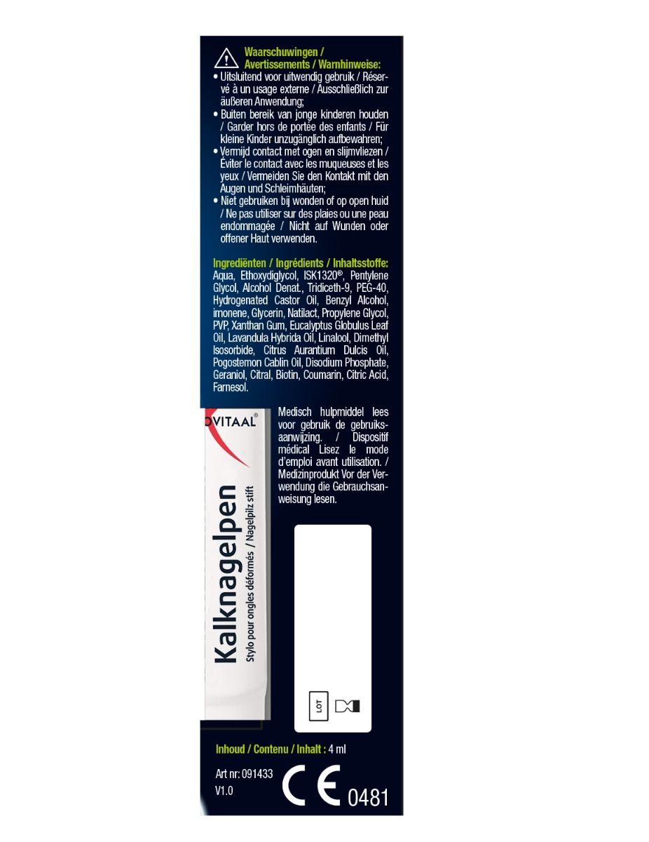 Achterkant van de verpakking. Bevat waarschuwingen, ingrediënten, gebruiksaanwijzing en CE-markering.