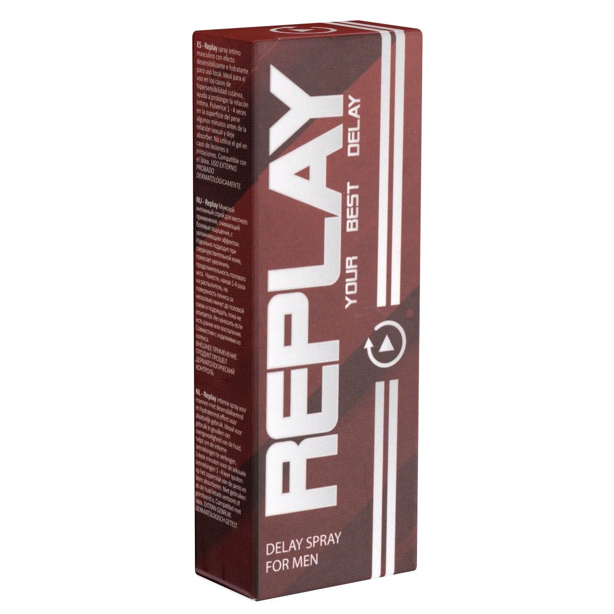 Spray retardateur Replay pour hommes. Boîte rectangulaire rouge et argent. Inscriptions : REPLAY, YOUR BEST DELAY, Delay Spray for Men.