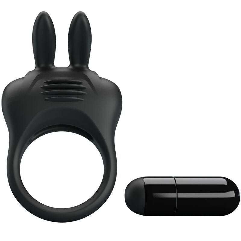 Zwarte penisring met konijnenoren en aparte vibrator.