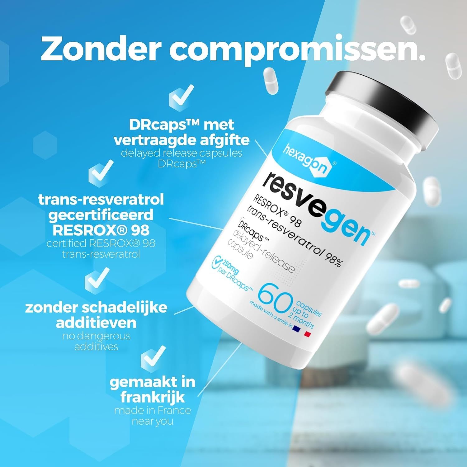 Hexagon Resveratrol capsule: Hoge absorptie, Anti-aging & welzijn.