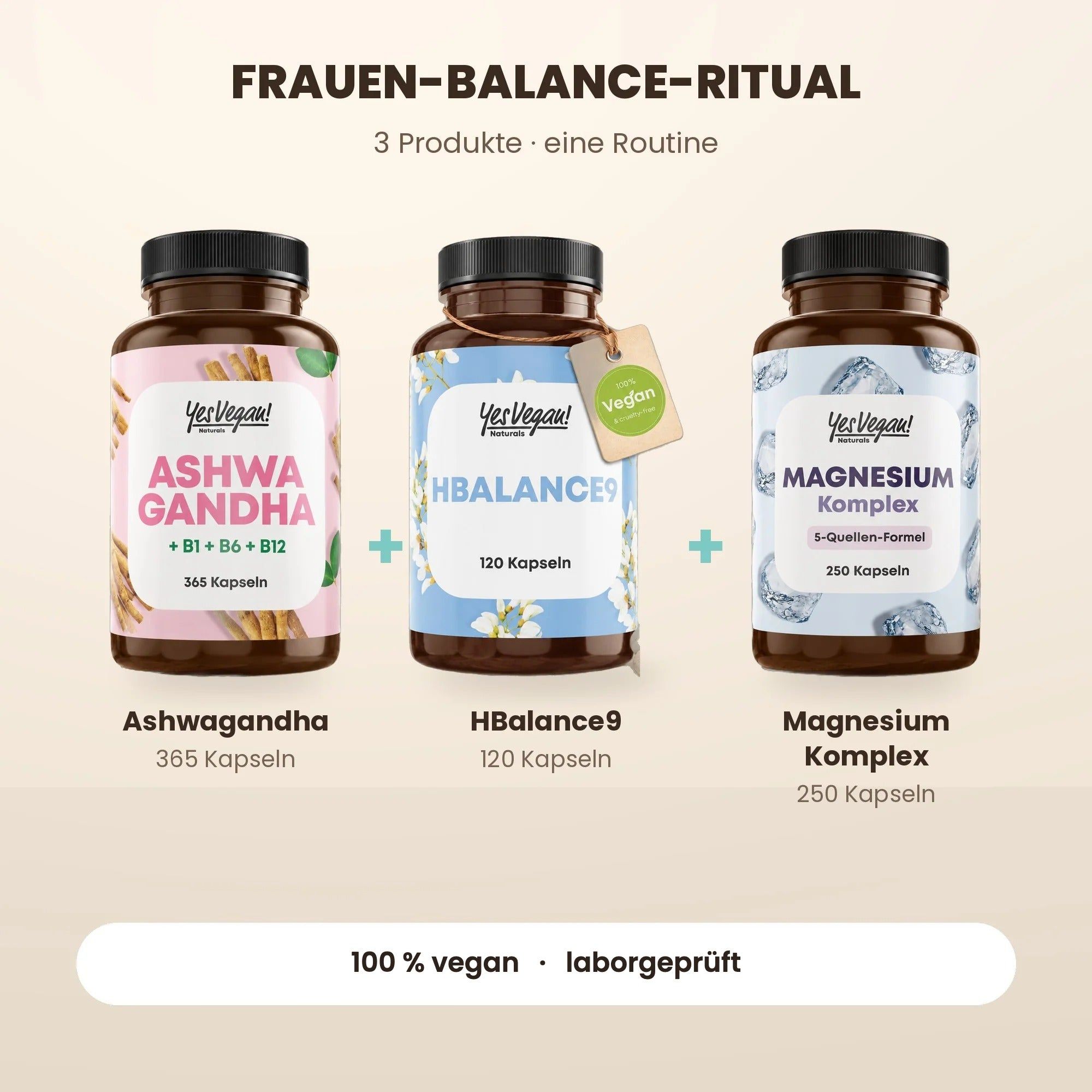 Trois produits Yes Vegan : HBalance9 (120 gélules), Ashwagandha (365 gélules) et Complexe Magnésium (250 gélules).