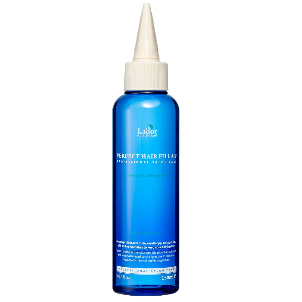 Blauwe fles met witte applicator, LADOR Perfect Hair Fill-Up, 150ml.