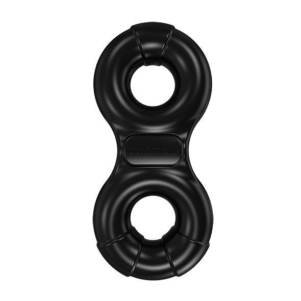 Zwarte dubbele ring van rubber. Twee ringen verbonden door een middenstuk. De merknaam is zichtbaar.