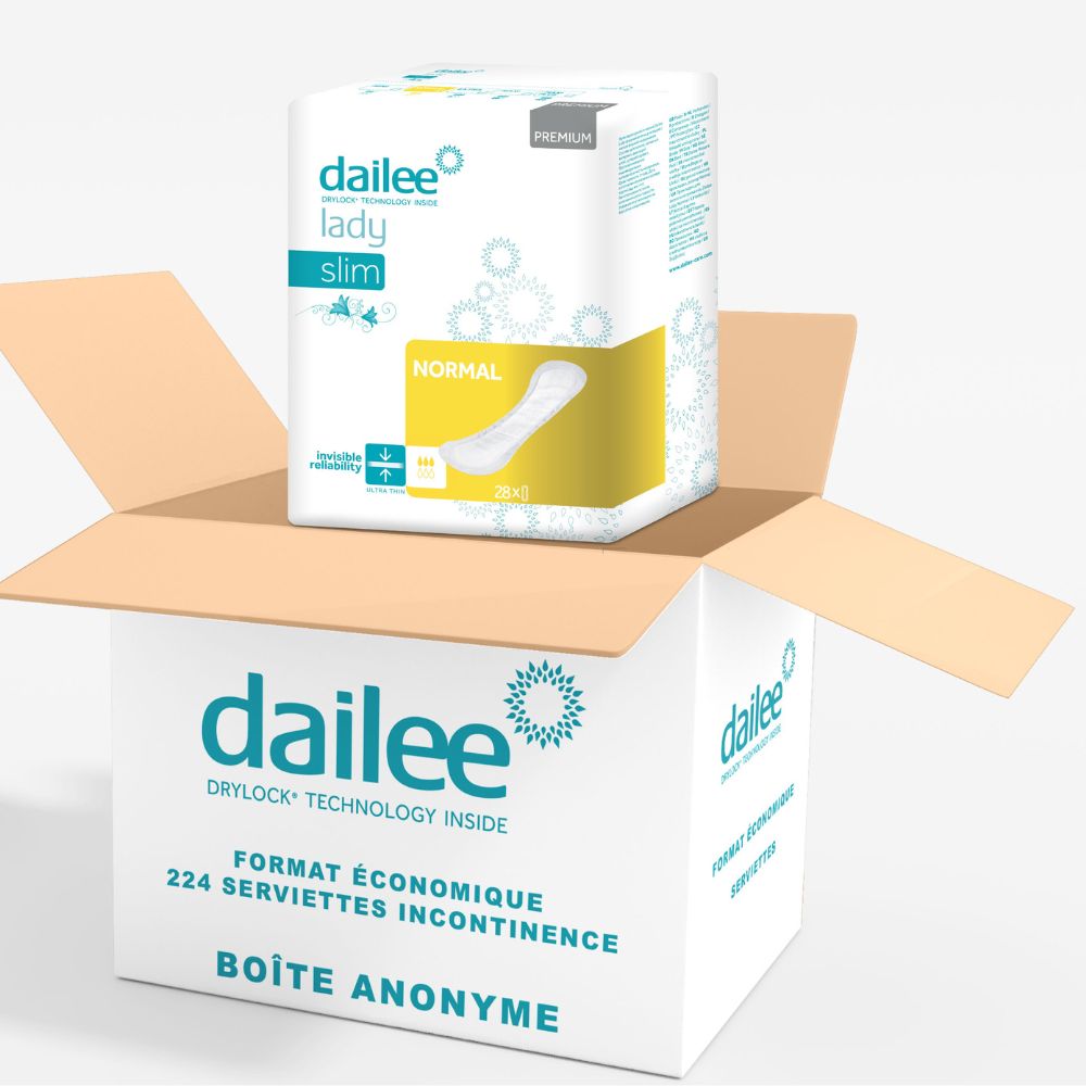 Dailee Lady Slim Normal dans une boîte en carton. 224 unités. Format économique. Boîte anonyme. Produit dans une boîte ouverte.
