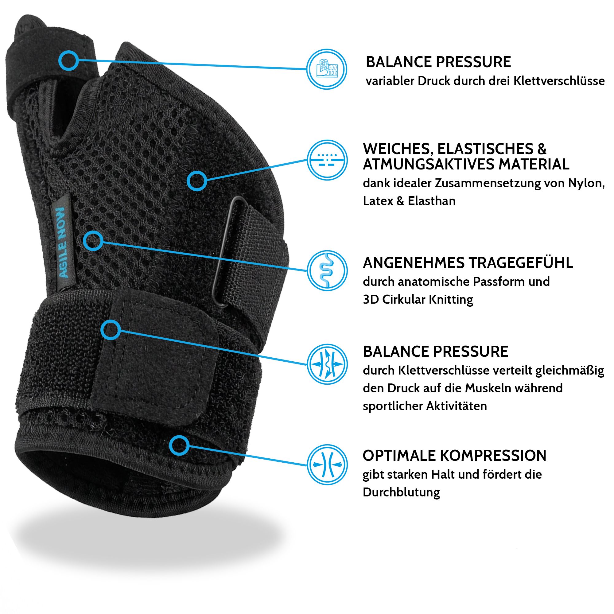 Attelle de pouce noire avec fermetures velcro et tissu en maille. Inscription : AGILE NOW. Caractéristiques du produit mises en évidence.