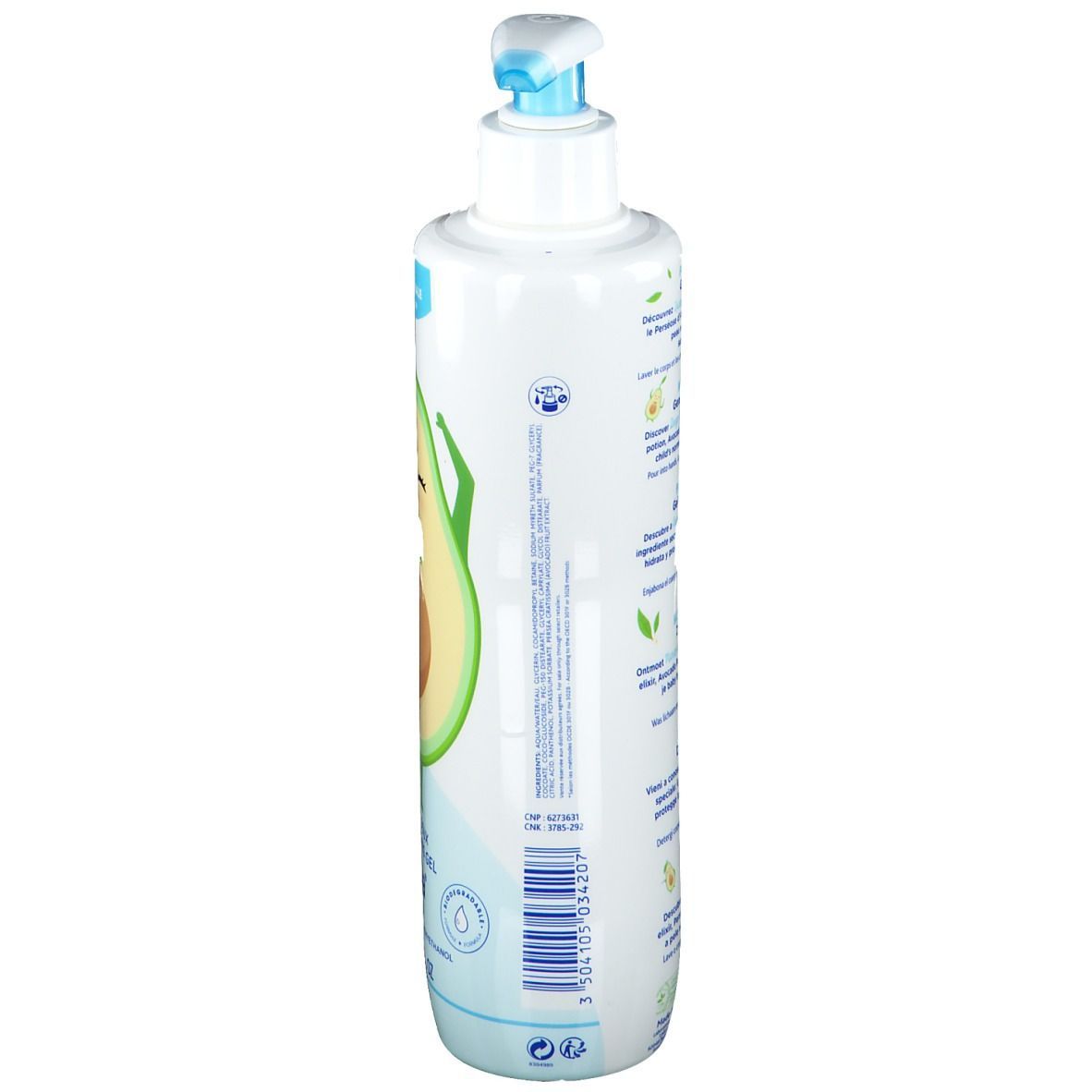 Witte fles met blauwe pomp. Avocado-illustratie. Tekst: Mustela, Zachte reinigingsgel. Opschrift: 500 ml.