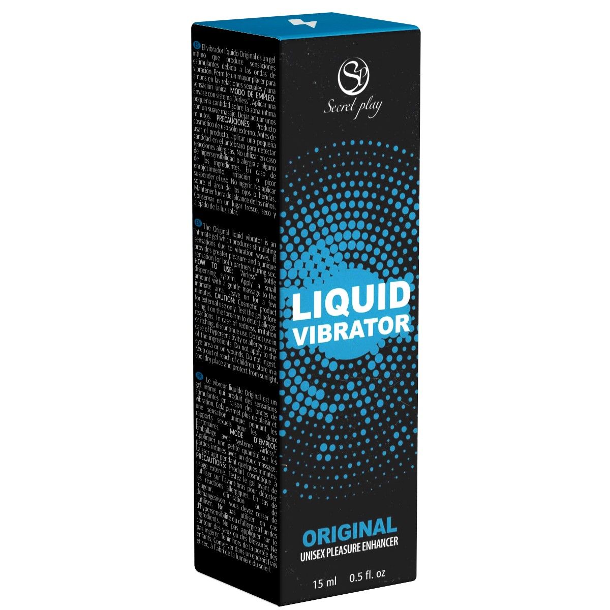 Emballage noir avec motif bleu et nom du produit. Vibrateur liquide. Texte: Unisex Pleasure Enhancer.