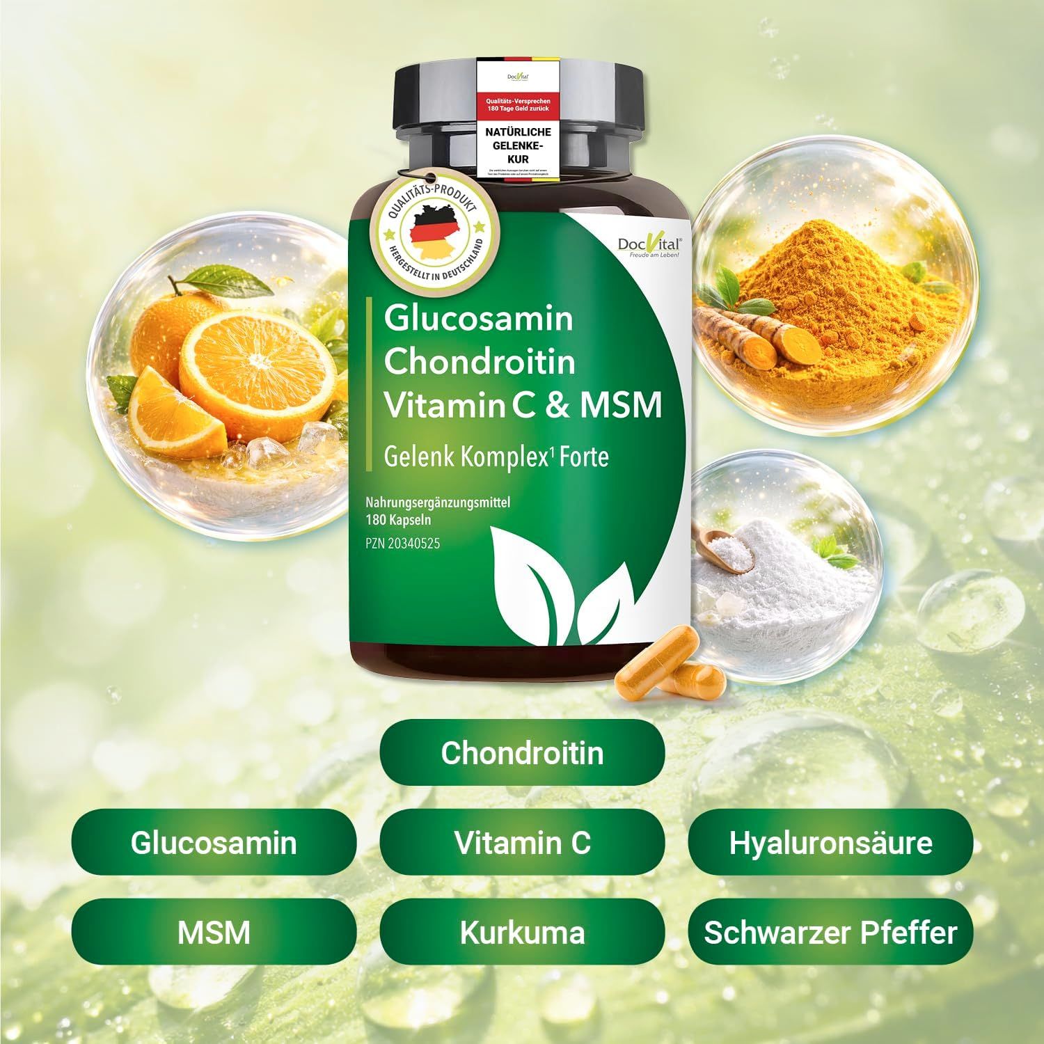 DocVital Complexe Articulaire Forte: Flacon avec Glucosamine, Chondroïtine, Vitamine C, MSM, Curcuma, Acide Hyaluronique.