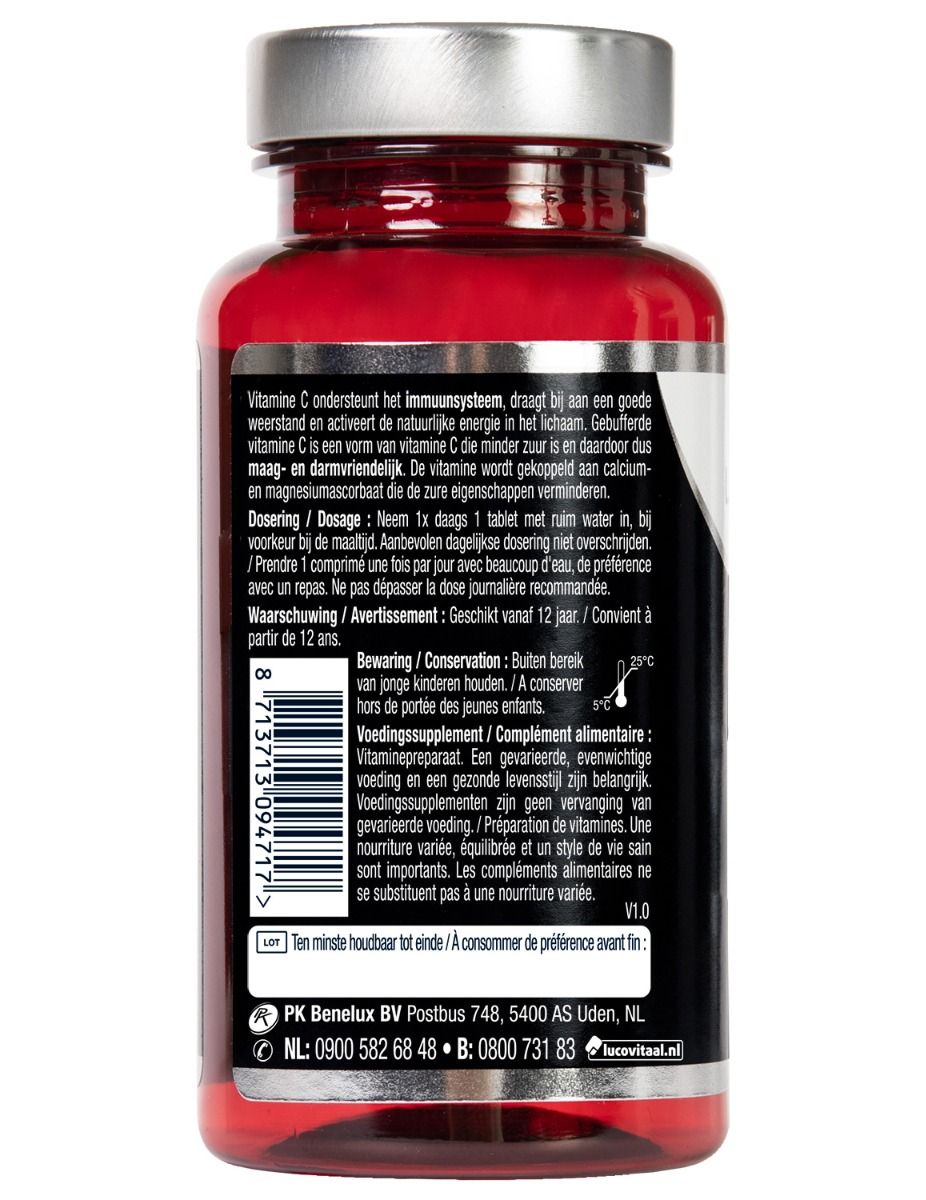 Achterkant van de fles met tekst. Bevat informatie over gebruik, opslag en contactgegevens. Barcode.