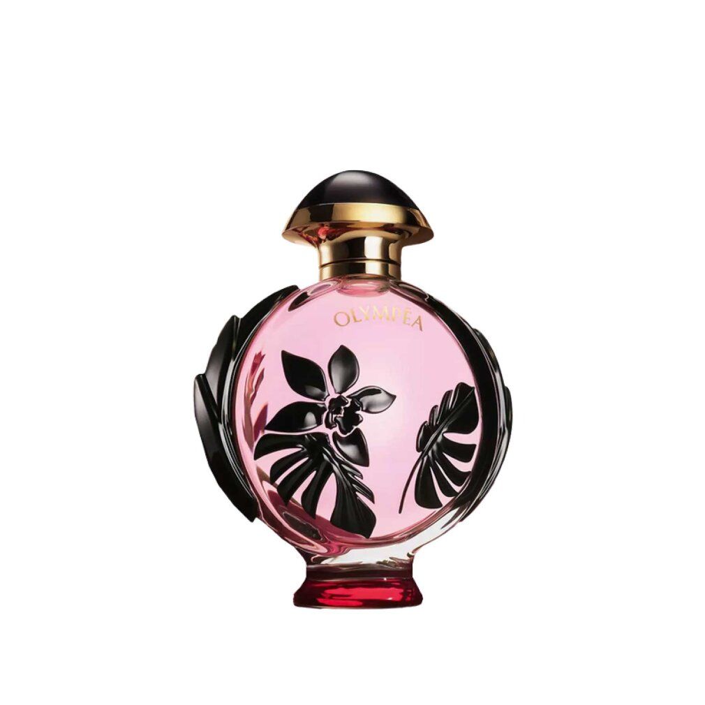 Flacon rond rose avec décor noir et bouchon doré. Pied rouge.