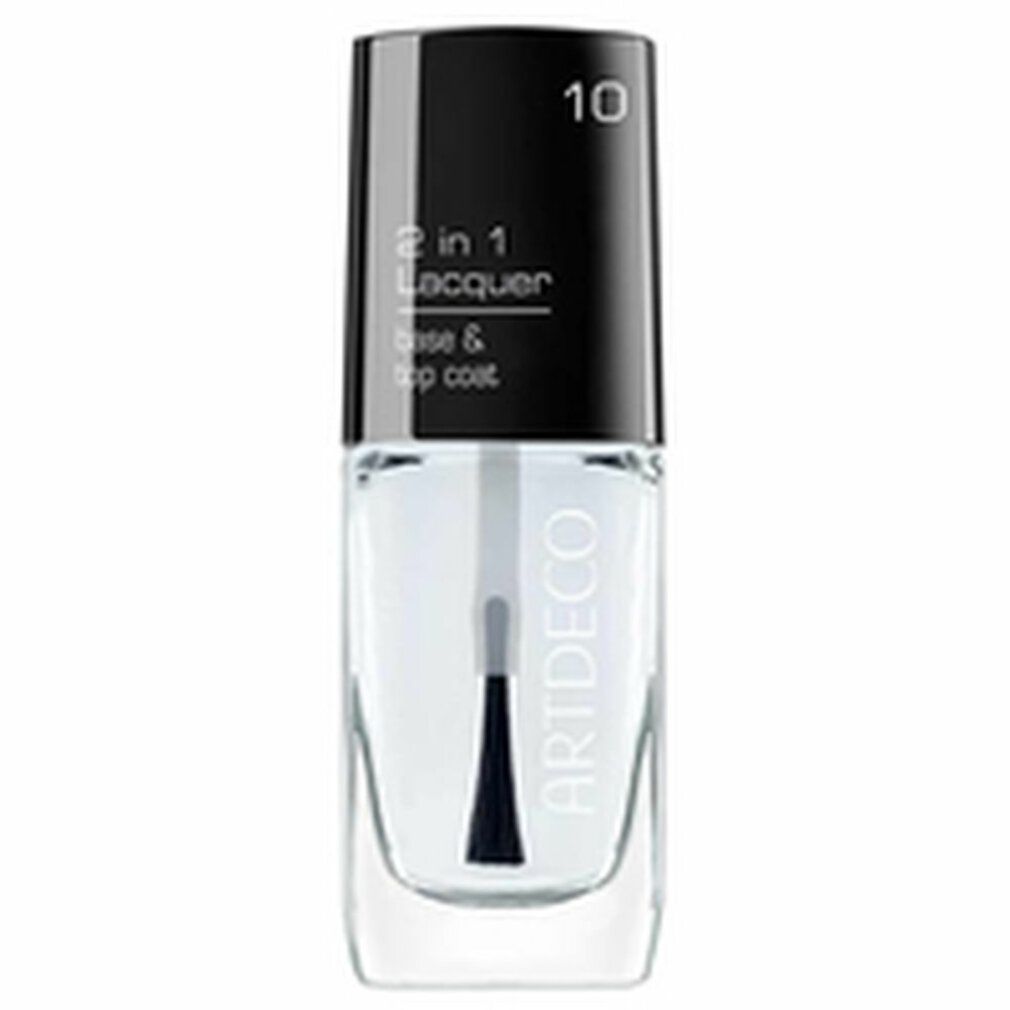 Flacon de vernis à ongles transparent avec bouchon noir. Inscription: 2 en 1 Lacquer Base & Top Coat. Marque ARTDECO.