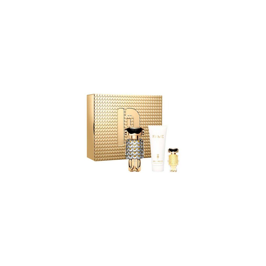 Rabanne FAME parfum geschenkset met flacon, miniatuurflacon en bodylotion.