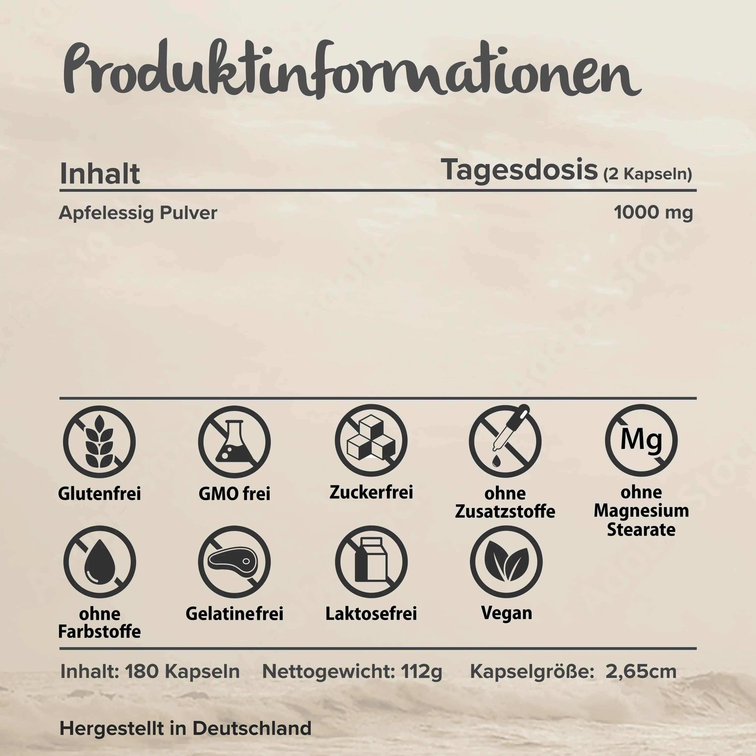 Productinformatie. Tekst met ingrediënten en symbolen: glutenvrij, suikervrij, veganistisch.