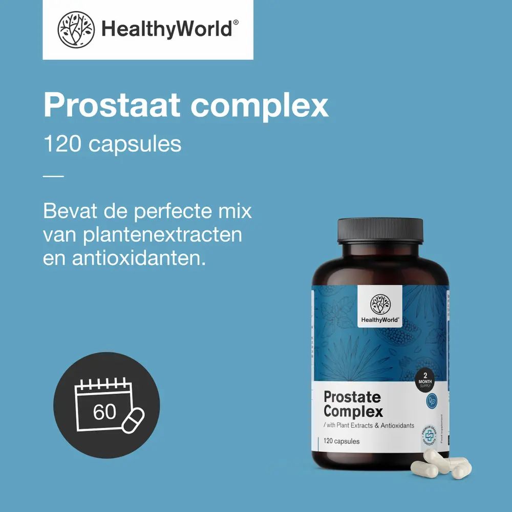 Fles met capsules. Opschrift: Prostate Complex. 120 capsules. Merk: HealthyWorld. Tekst: 60 capsules.