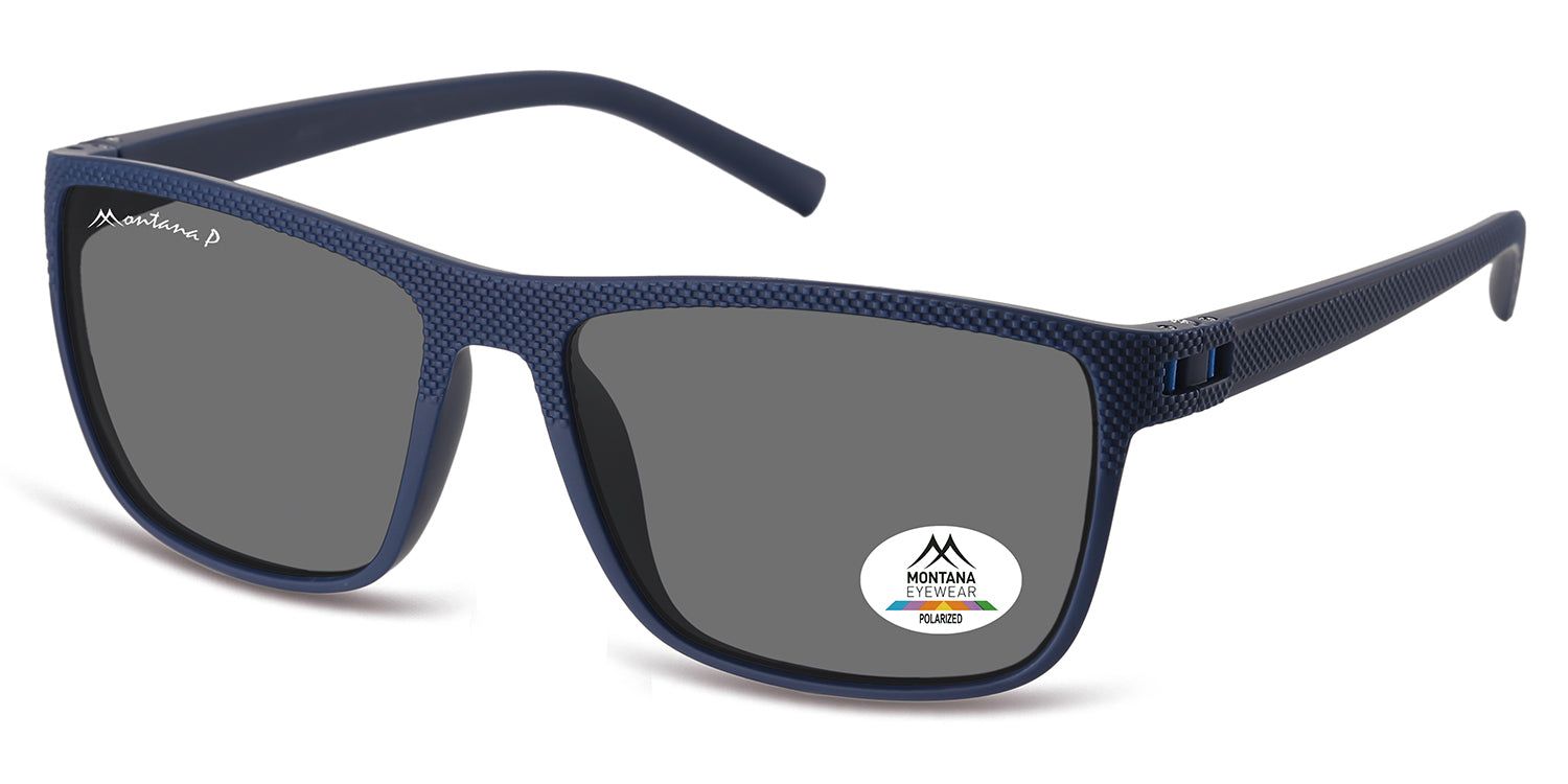 Blauwe zonnebril met grijze glazen. "Montana P" op de linker poot. Sticker met logo en "Polarized" op het rechter glas.