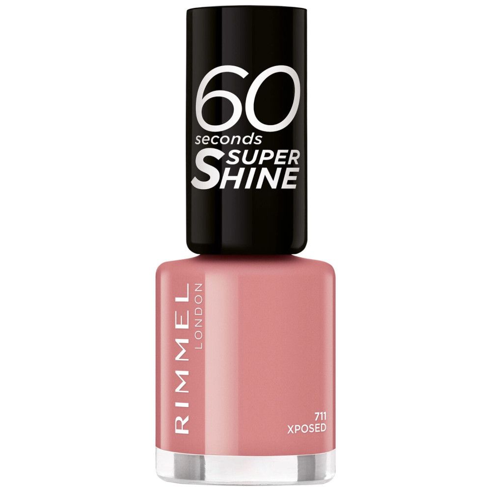 Rimmel nagellak, roze, met zwarte dop. Opschrift: 60 Seconds Super Shine, Xposed.