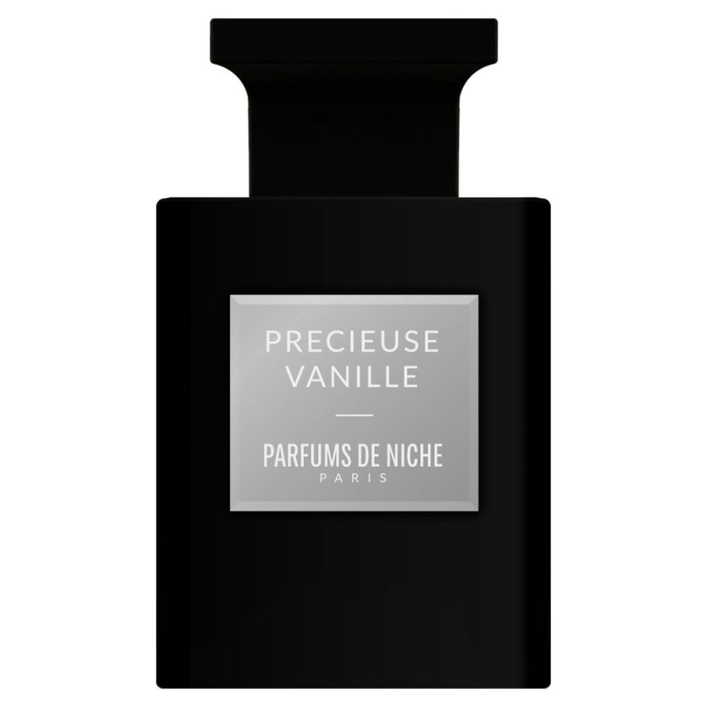Zwarte flacon met vierkant etiket. Opschrift: Precieuse Vanille, Parfums de Niche Paris.