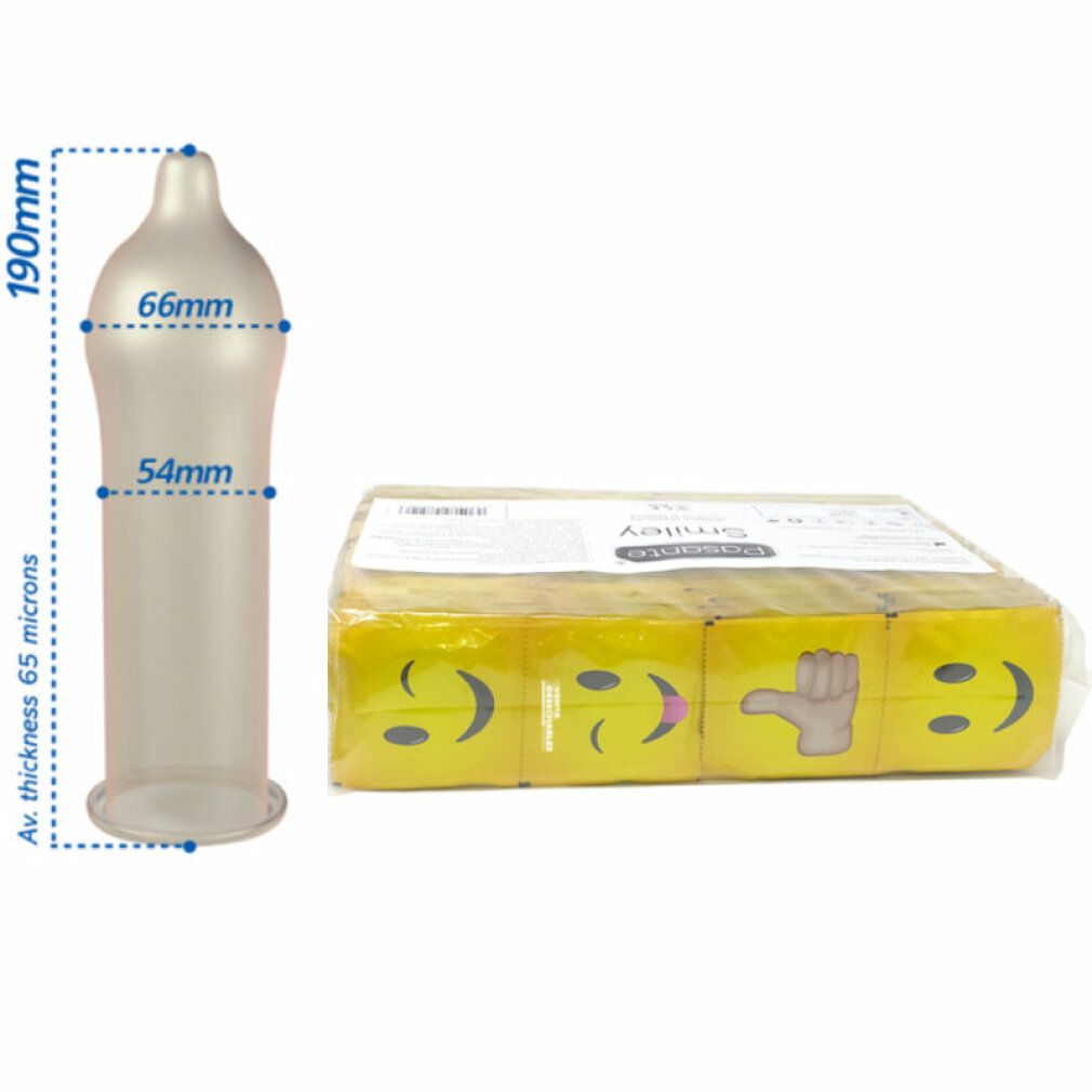 Condoom met afmetingen en verpakking met Smiley-condooms. Condoom transparant, verpakking geel met smiley-gezichten.
