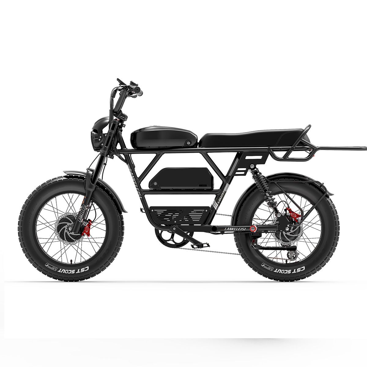 Zwarte elektrische fiets met brede banden, bagagerek en batterij. Zichtbare details: schijfremmen, CST SCOUT-banden.