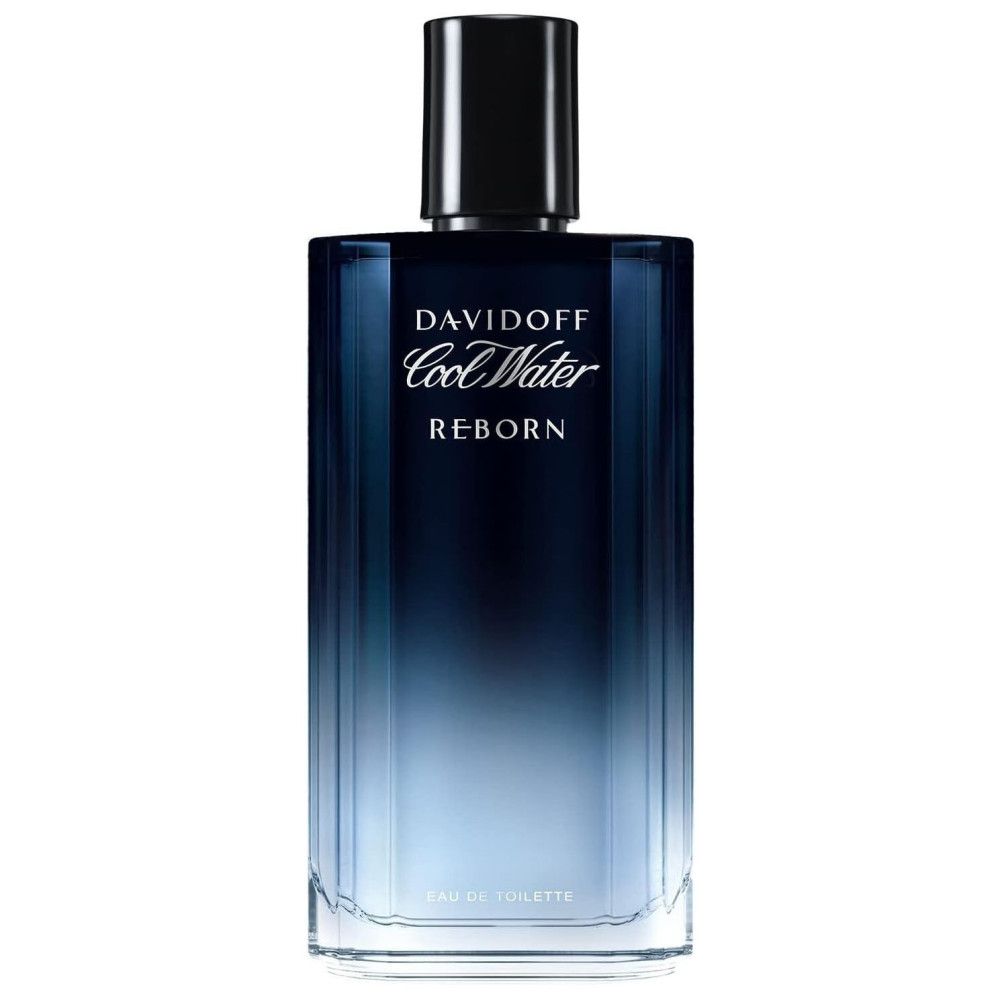 Davidoff Cool Water Reborn Man EdT Nat. Spray. Blauwe fles met zwarte dop. Witte achtergrond.