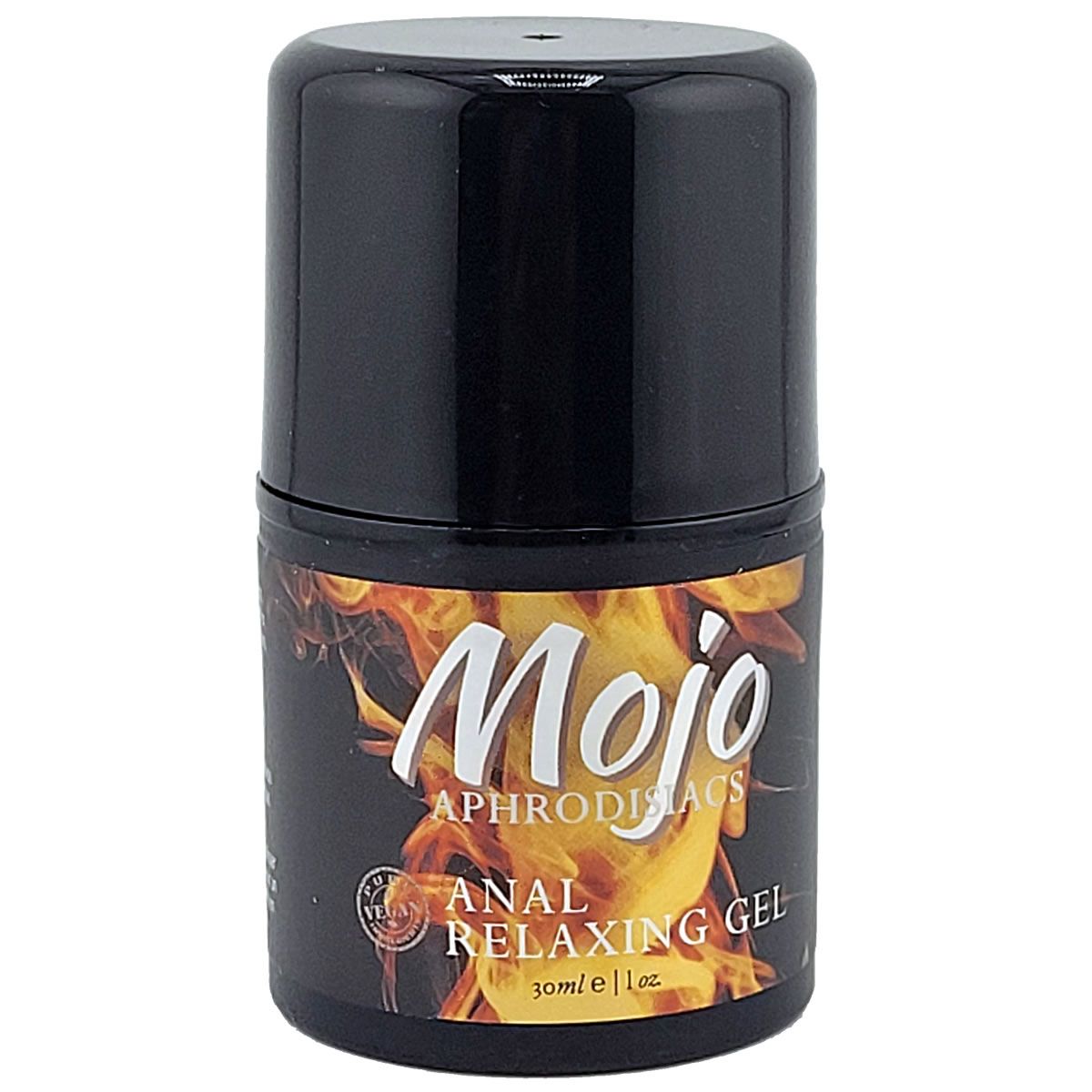 Récipient noir contenant du gel relaxant anal. Contient 30ml/1oz.