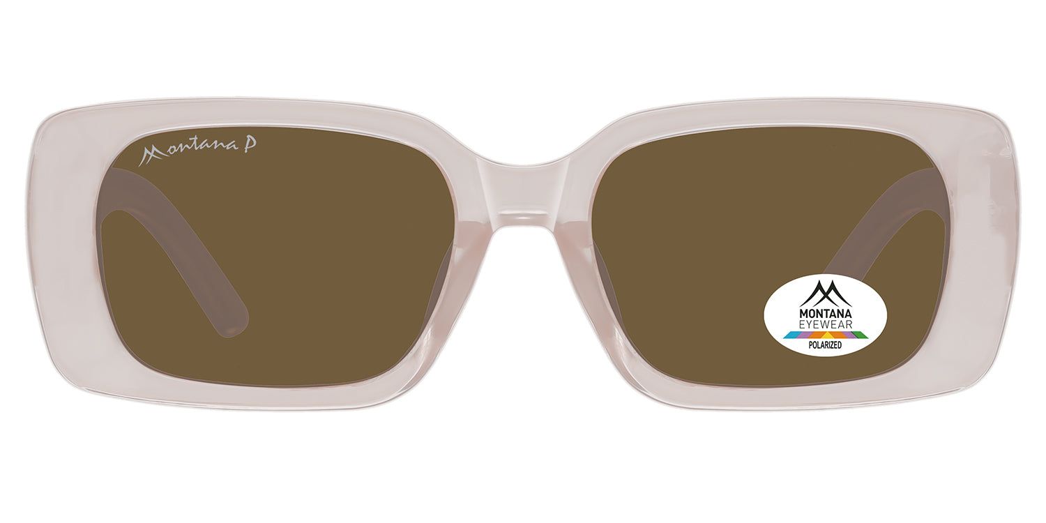 Lunettes de soleil rectangulaires à verres bruns et monture claire. Logo Montana Eyewear sur le verre et la branche.