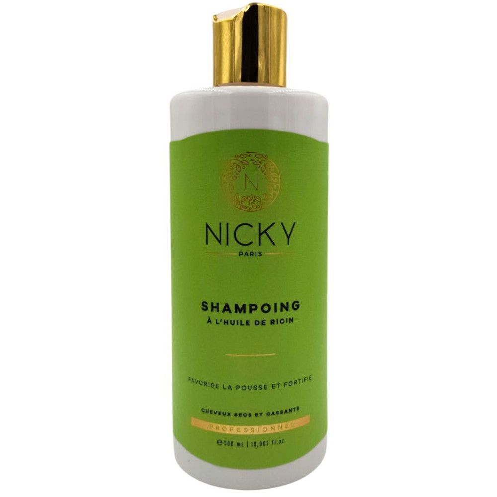 Flacon de shampoing vert avec bouchon doré. Inscription: Nicky Paris, SHAMPOING, À L'HUILE DE RICIN.