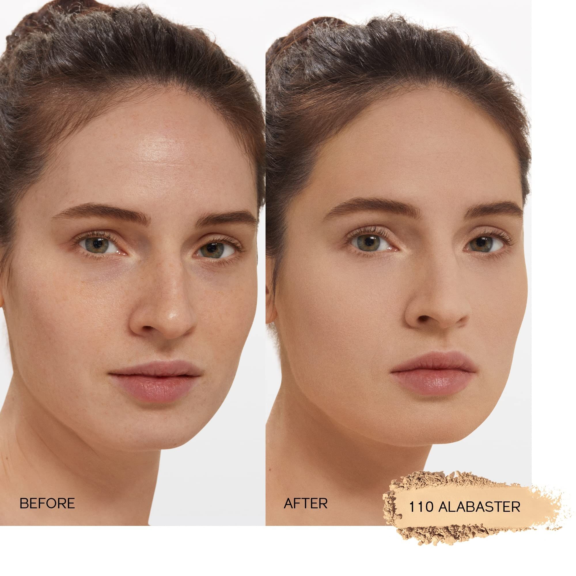 Comparaison avant-après. Visage d'une femme avant et après application de la poudre. Teinte 110 Alabaster.