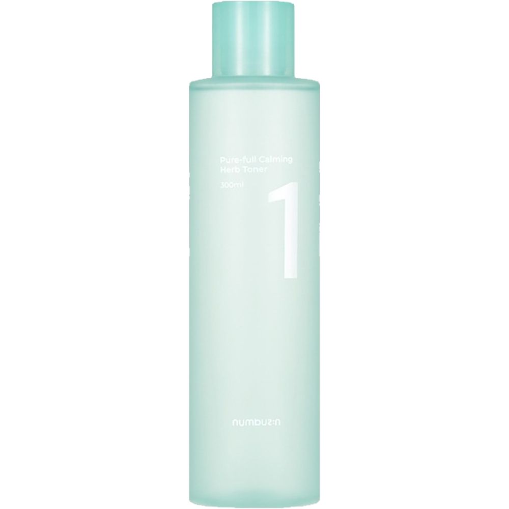 Flacon de toner avec inscription: Pure-full Calming Herb Toner, 1. Flacon turquoise avec texte blanc.