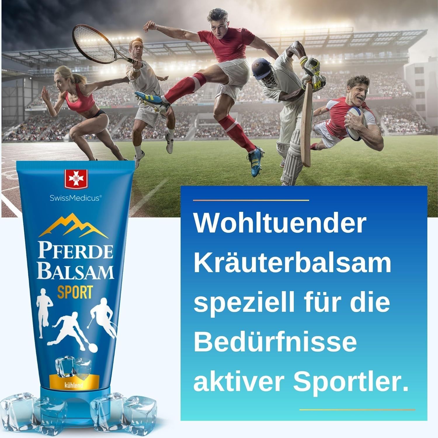 Blauwe tube "Pferde Balsam Sport". SwissMedicus-logo. Sporters in actie. IJsblokjes. Tekst: Kruidenbalsem voor sporters.