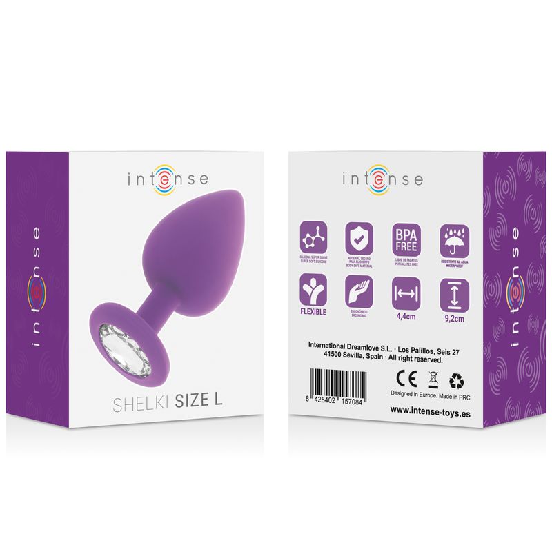 Vue de face d'un plug anal violet avec décoration en cristal.