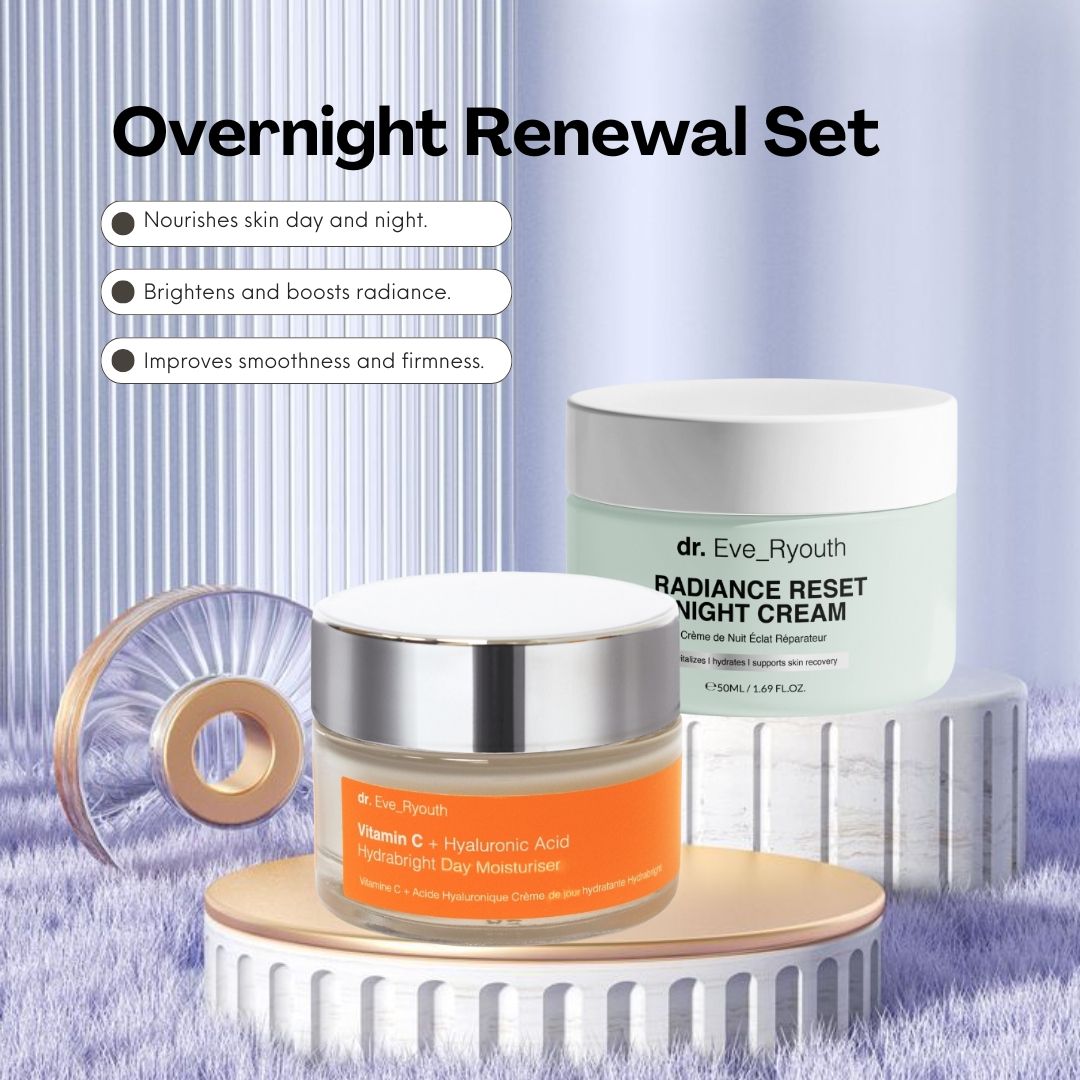 Deux pots de crème : Dr. Eve_Ryouth Radiance Reset Night Cream et Vitamin C Day Moisturizer. Pots en verre avec couvercles, sur socles.