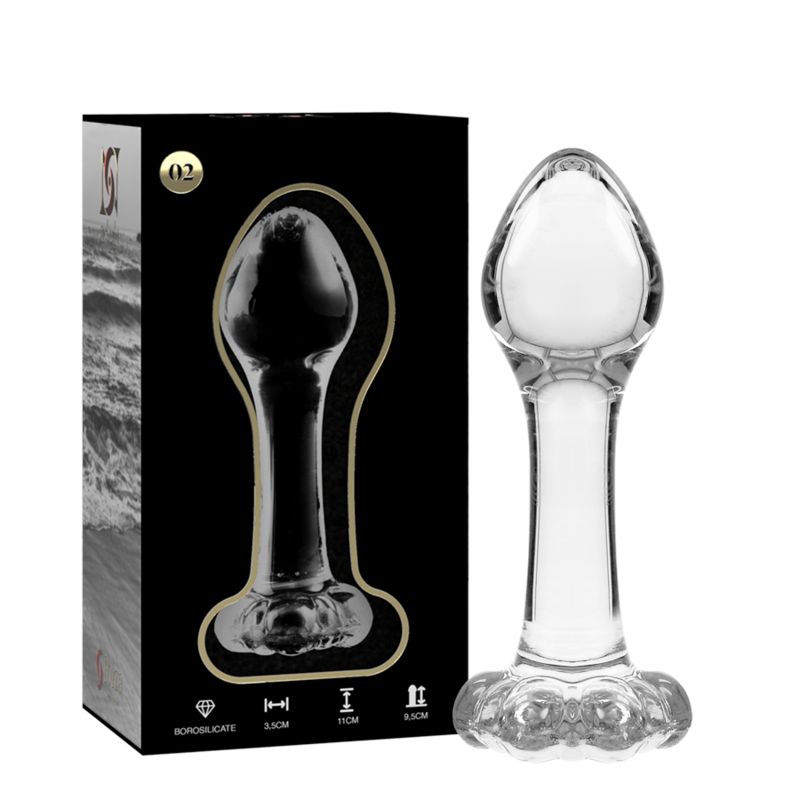 Plug anal en verre transparent avec une base large et un motif détaillé.