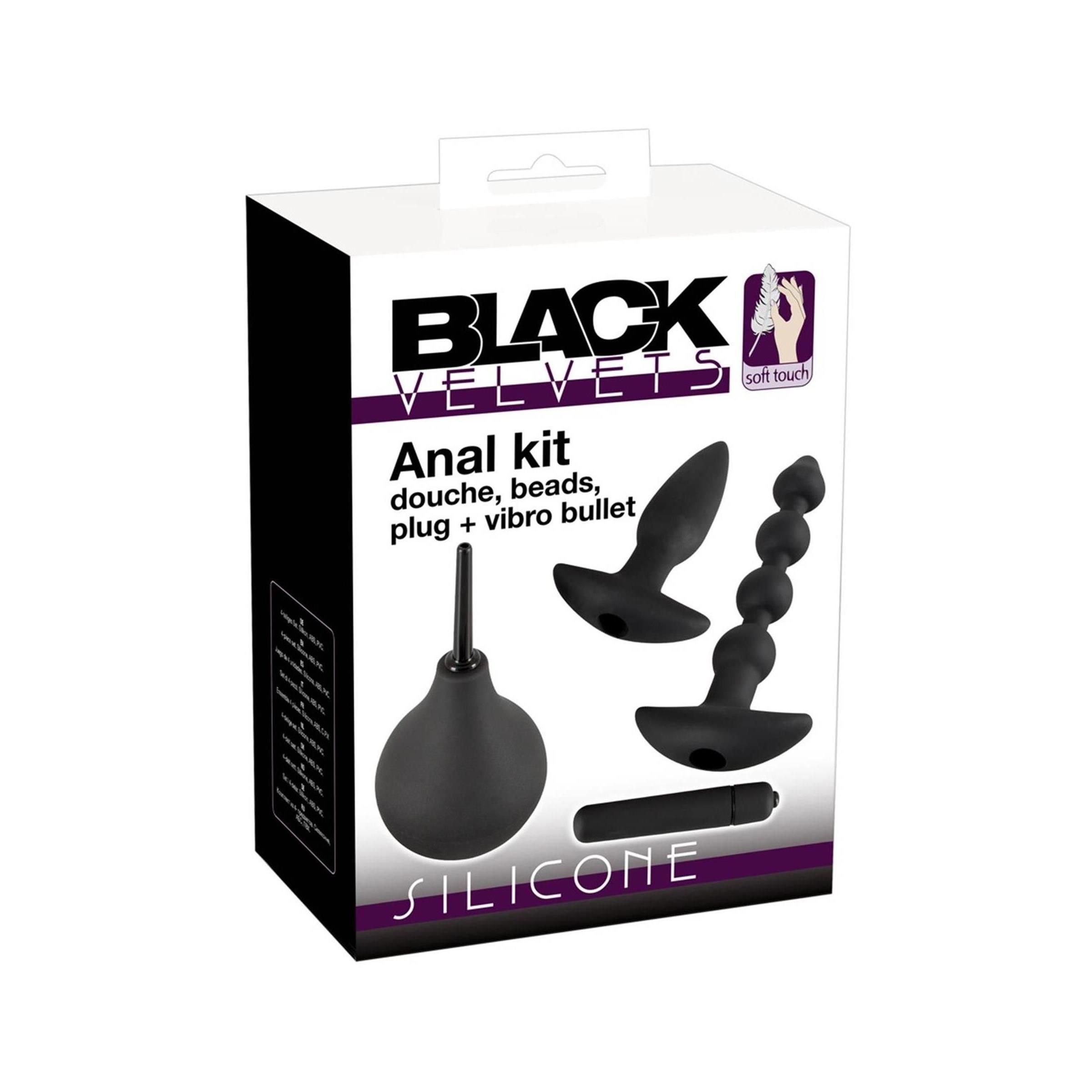 Emballage du kit anal avec douche, perles, plug et vibro bullet en silicone.