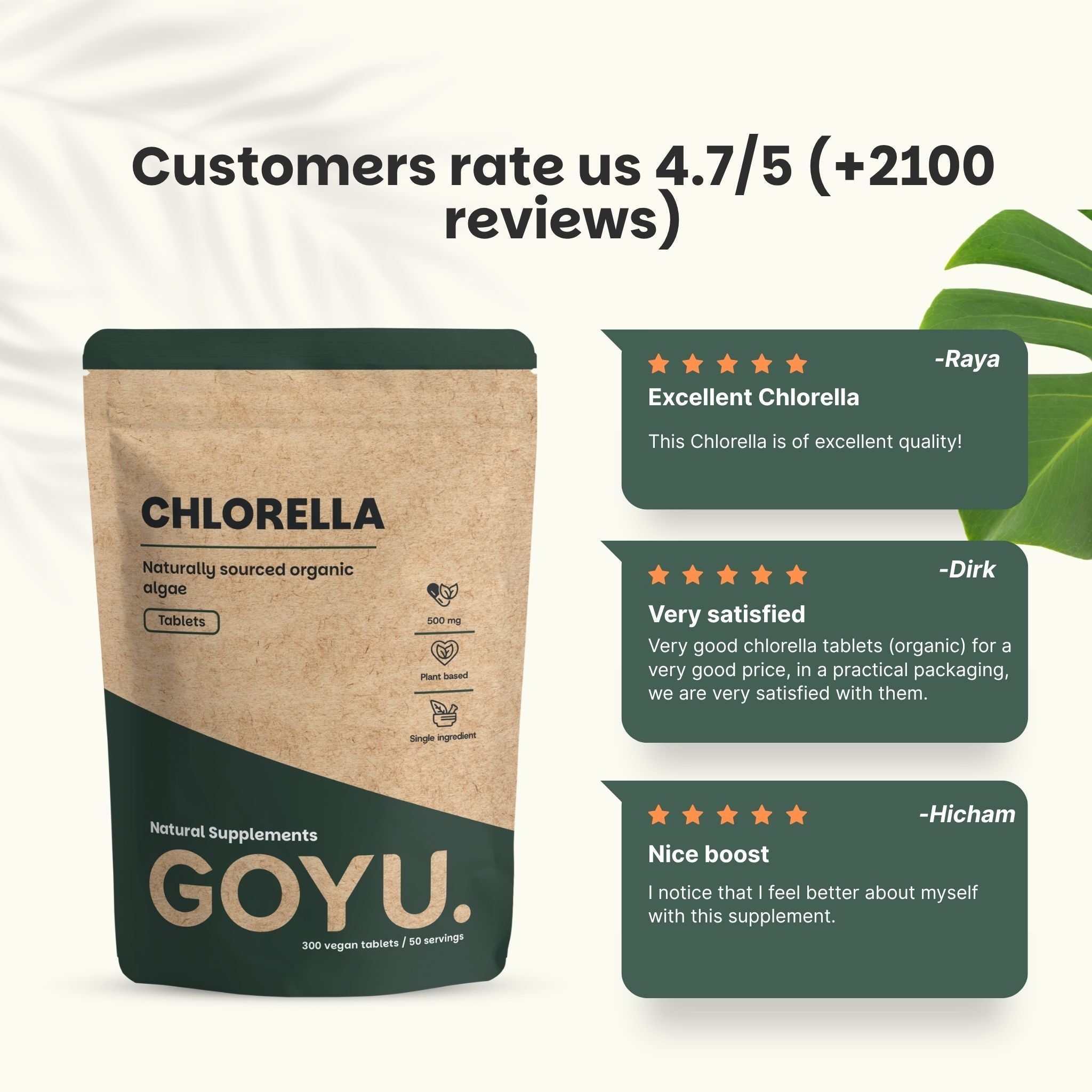 Trois comprimés de Chlorella verts, 100% naturel, capsule vegan, bio, sans additifs.