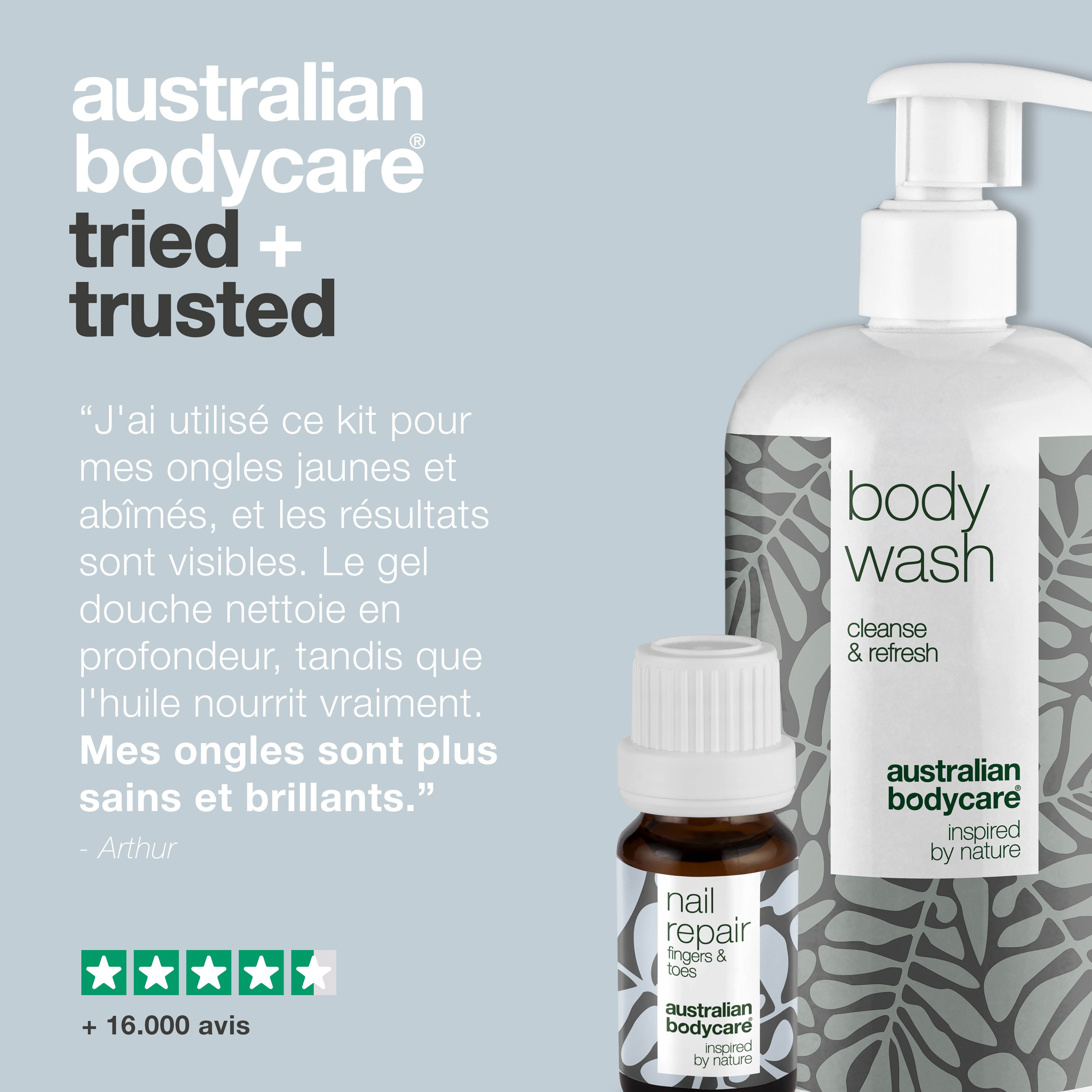 Gel douche et huile pour les ongles. Inscription : Australian Bodycare. Citation et évaluation 5 étoiles.