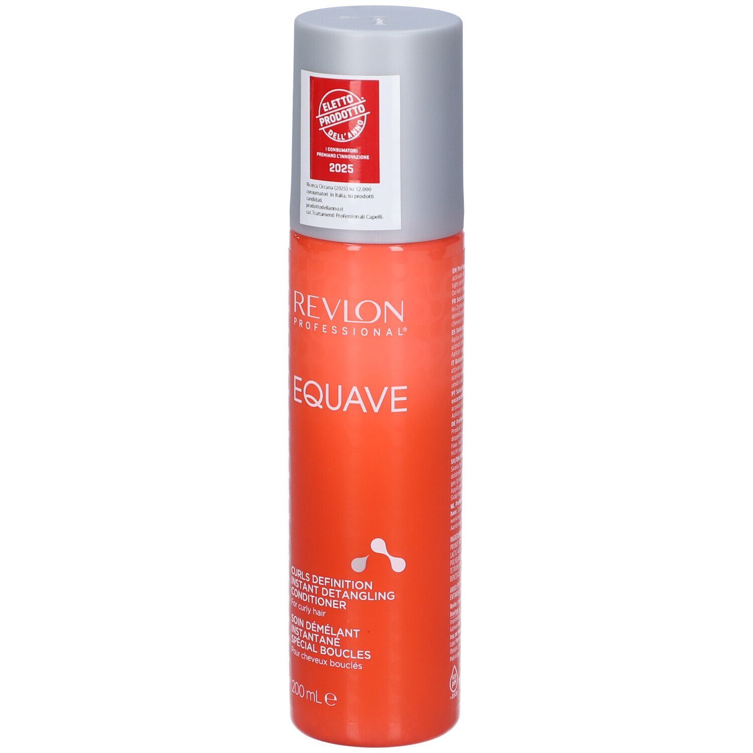 Revlon EQUAVE Curls Detangling Conditioning. Flacon orange et bouchon argenté. Texte et logo.